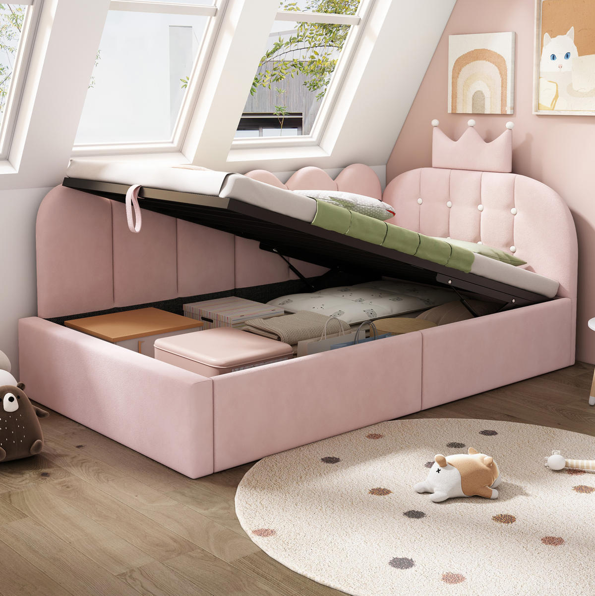 SAMT-POLSTERBETT 90/200 cm in Rosa mit Bettkasten und gepolstertem Kopfteil - Rosa, Holz (90/200cm) - BEAOK