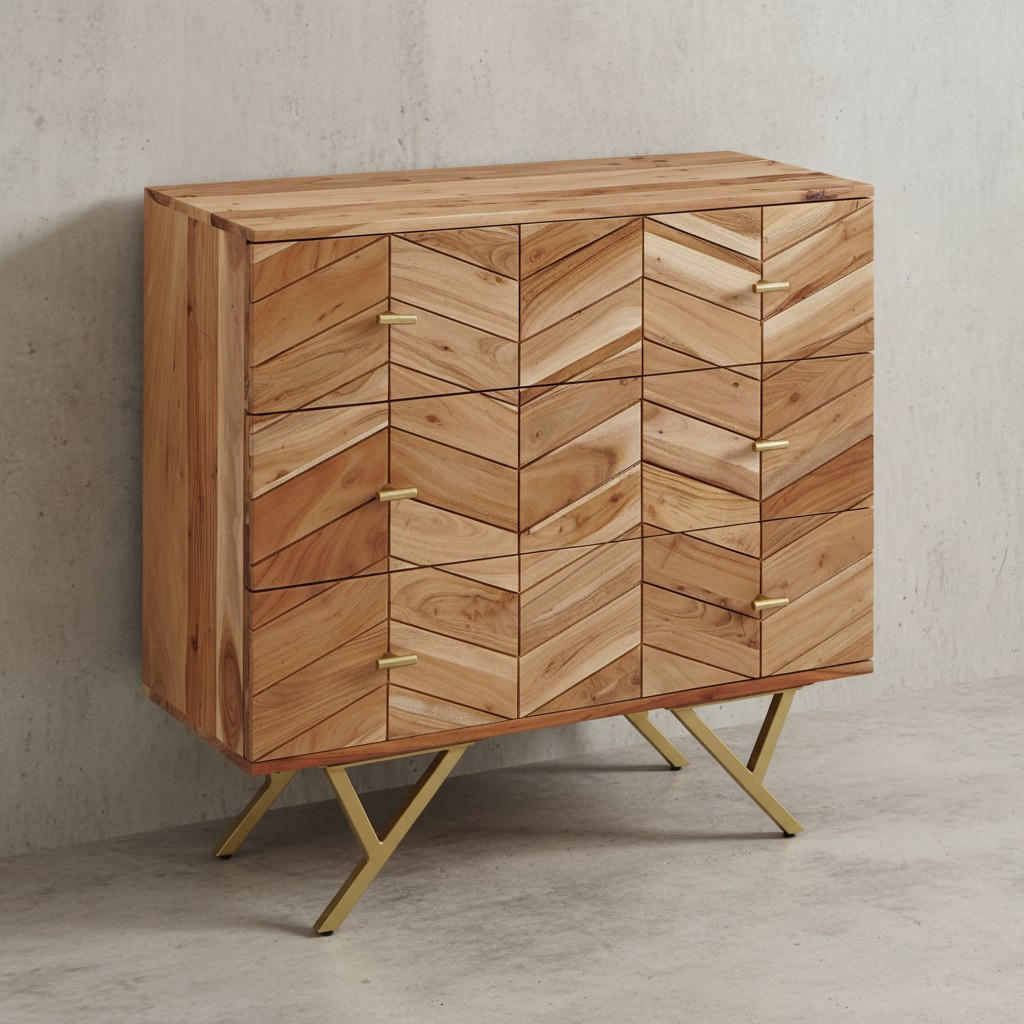 SIDEBOARD – Akazie Massivholz, rustikal, mit Muster, Landhausstil - Beige/Goldfarben, Holz/Metall (90/86/40cm) - KADIMA DESIGN
