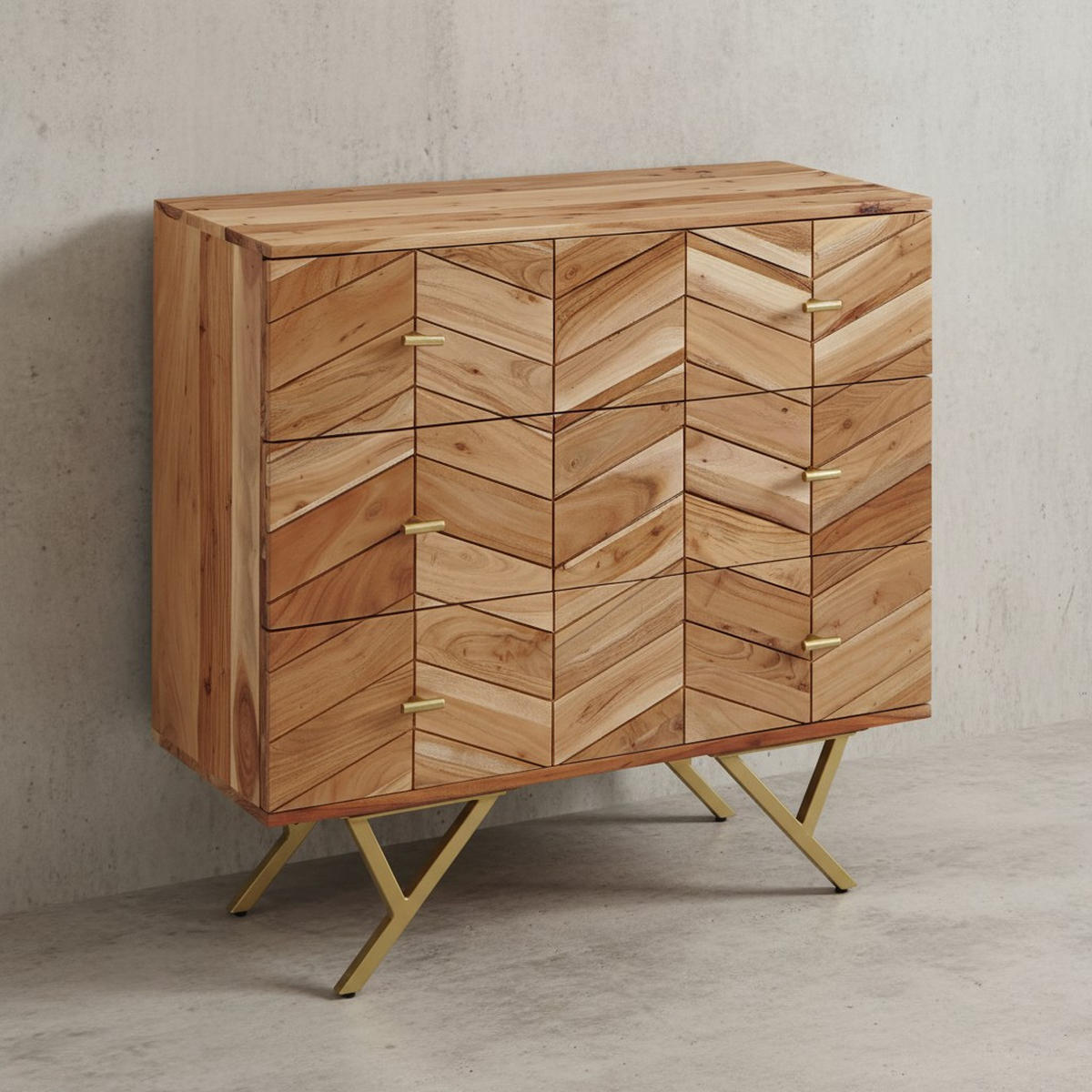 SIDEBOARD – Akazie Massivholz, rustikal, mit Muster, Landhausstil - Beige/Goldfarben, Holz/Metall (90/86/40cm) - KADIMA DESIGN
