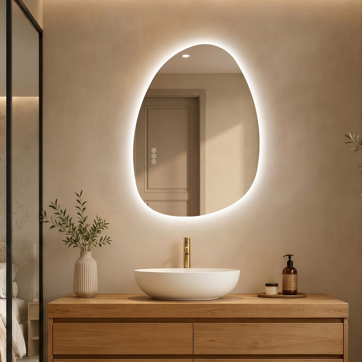 BADEZIMMERSPIEGEL mit Beleuchtung 75/55 cm asymmetrisch LED dimmbar mit Antibeschlag - Transparent, Glas (55/75/2.5cm) - S'AFIELINA