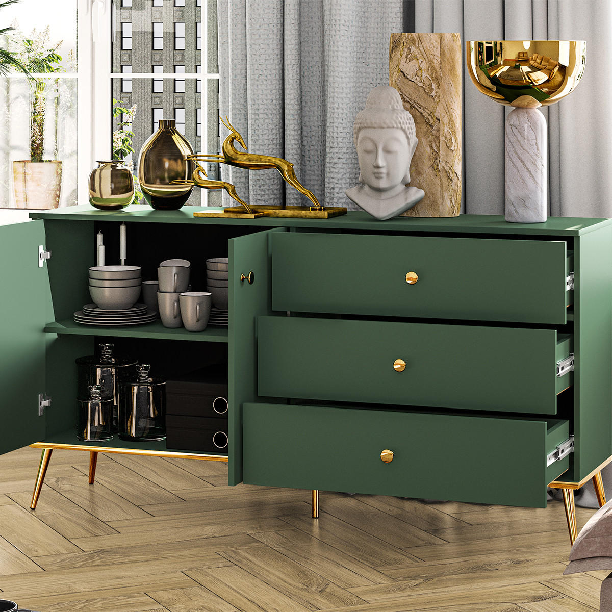 SIDEBOARD Thalia Grün - Grün, Holzwerkstoff (160/85/40cm) - Petits-meubles