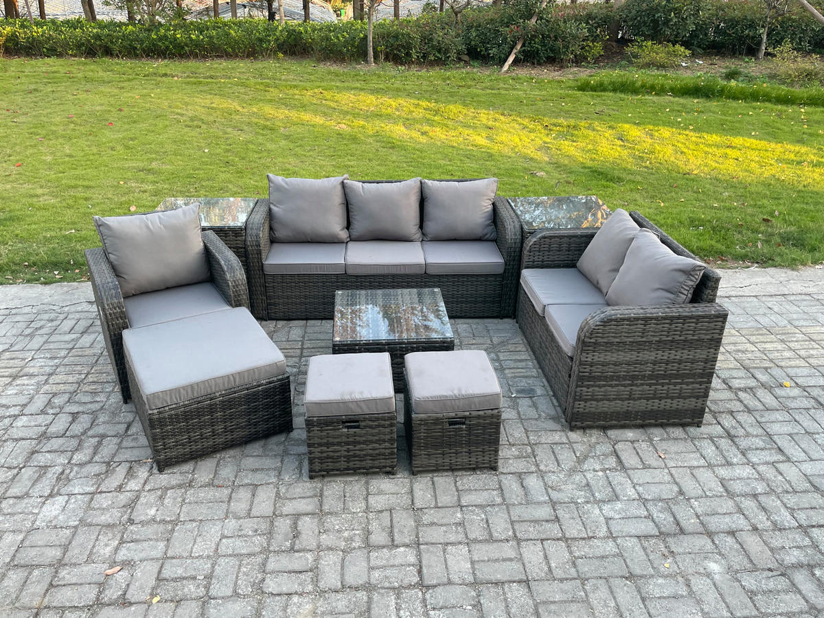 GARTENTISCHGRUPPE Polyrattan Dunkelgrau 9-teilige - Dunkelgrau/Grau, Glas/Kunststoff - Fimous