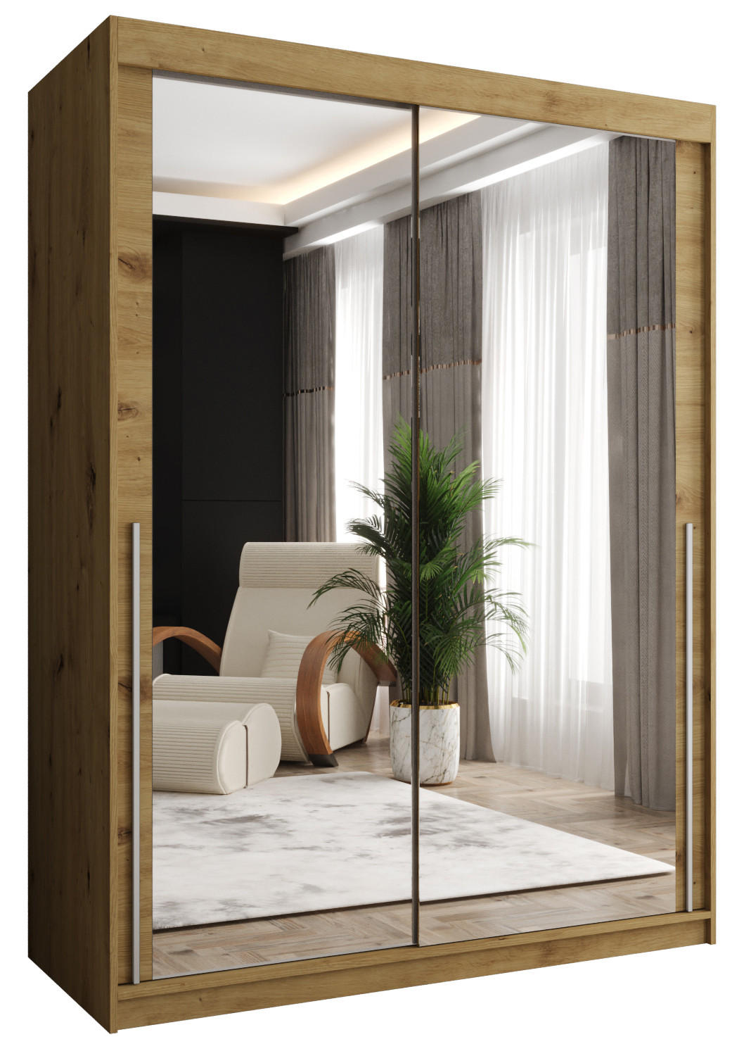 Home Collective ŠATNÍ SKŘÍŇ S POSUVNÝMI DVEŘMI se zrcadlem, šířka 150 cm, Artisan se stříbrným madlem