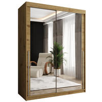 SCHIEBETÜRENSCHRANK mit Spiegel 150 cm Breite Artisan mit silbernem Griff - Silberfarben/Eiche Artisan, Holzwerkstoff (150/200/62cm) - Home Collective