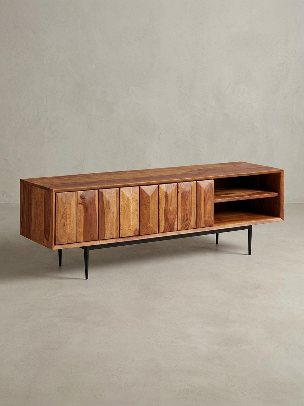 LOWBOARD Massivholz Modern Stil für 55-Zoll Fernseher Push-to-Open mit Edelstahlbeinen - Schwarz/Braun, Holz/Metall (123/42/35cm) - KADIMA DESIGN