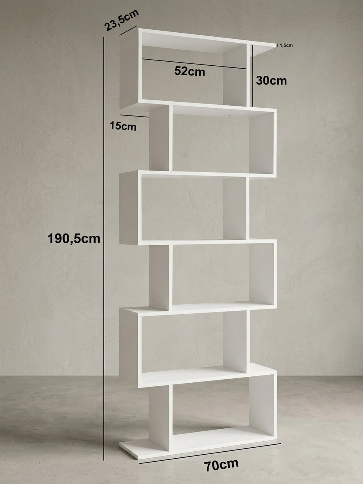BÜCHERREGAL – Zickzack, Mattweiß, 6 Fächer, Anti-Rutsch-Noppen - Weiß, Holz (70/191/24cm) - KADIMA DESIGN
