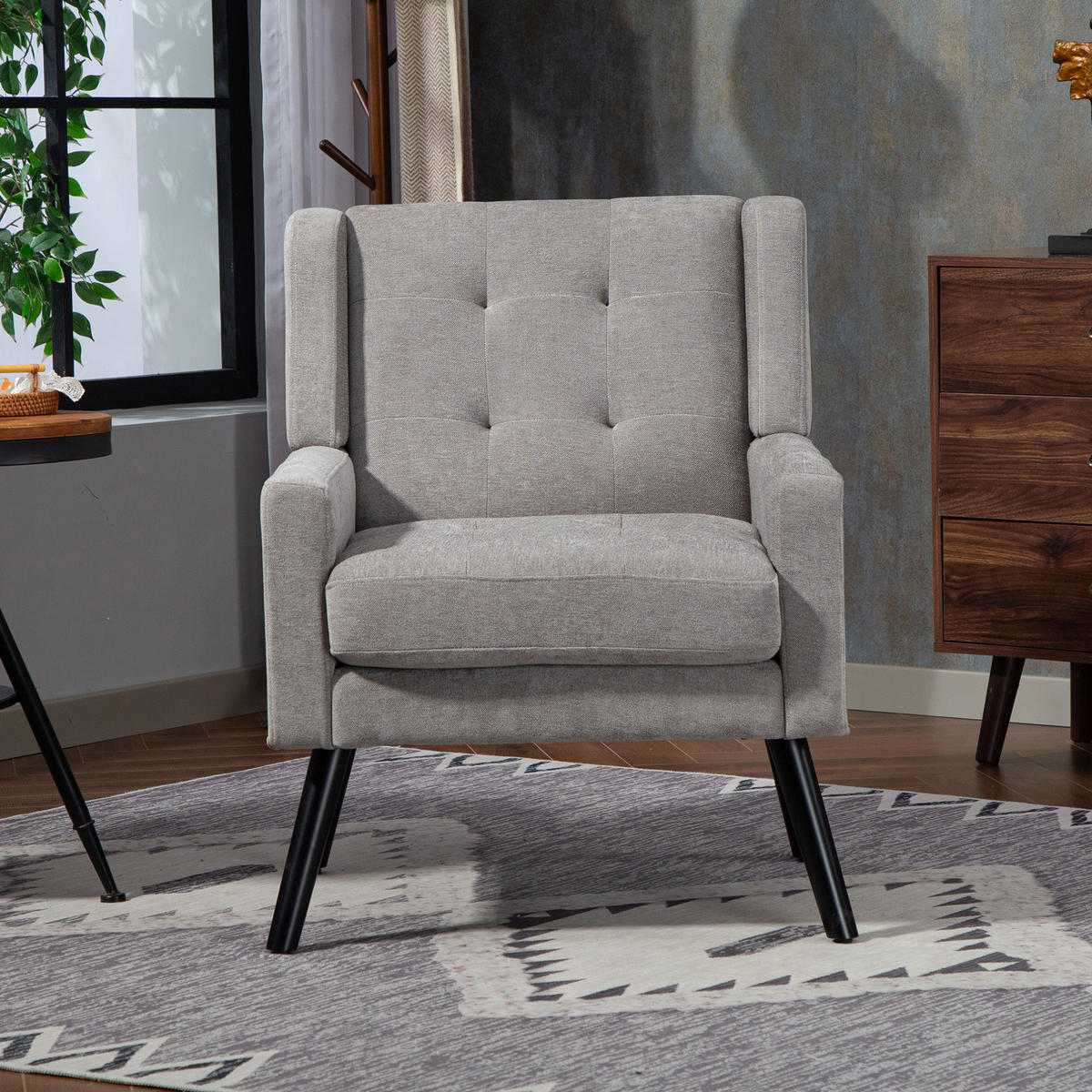 POLSTERSTUHL Leinen mit Tufting, Massivholzbeinen 68/76/88 cm Hellgrau 130 kg belastbar - Hellgrau, Textil (76/88/68cm) - Redom