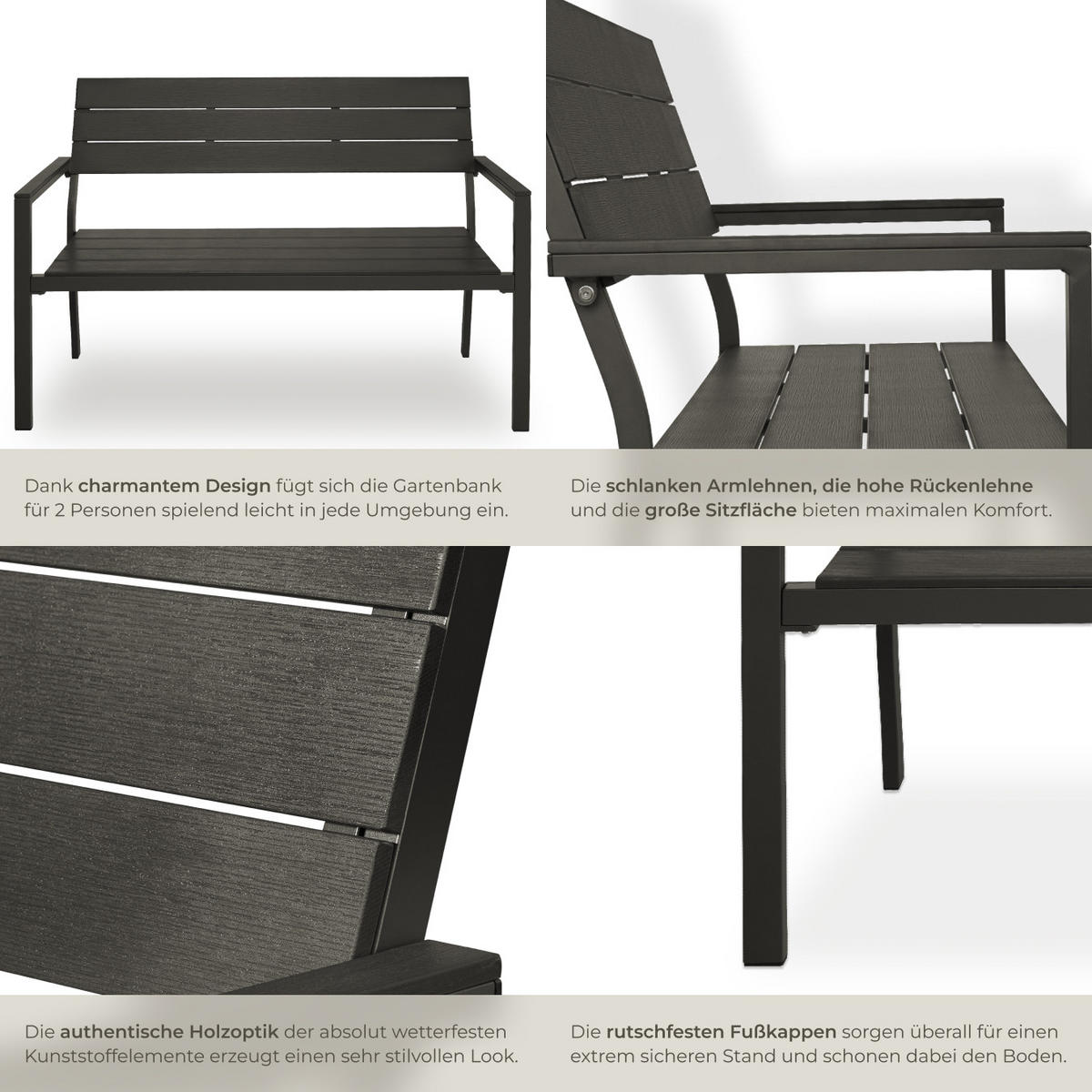GARTENBANK Line,128 x 59 x 88 cm,dunkelgrau - Dunkelgrau, Metall (59/88/128cm) - tectake