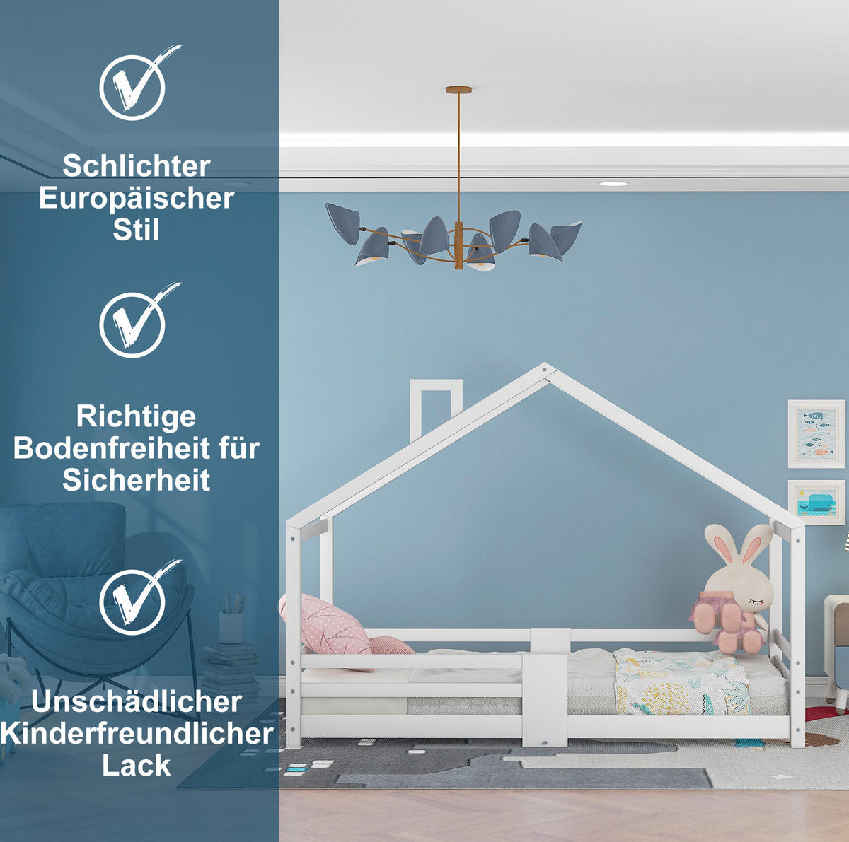 KINDERBETT Kindereinzelbetten 90/200 cm mit Rausfallschutz, Lattenrost und Schornstein-Design aus Kiefernholz, Weiß - Weiß, Holz (90/90cm) - Redom