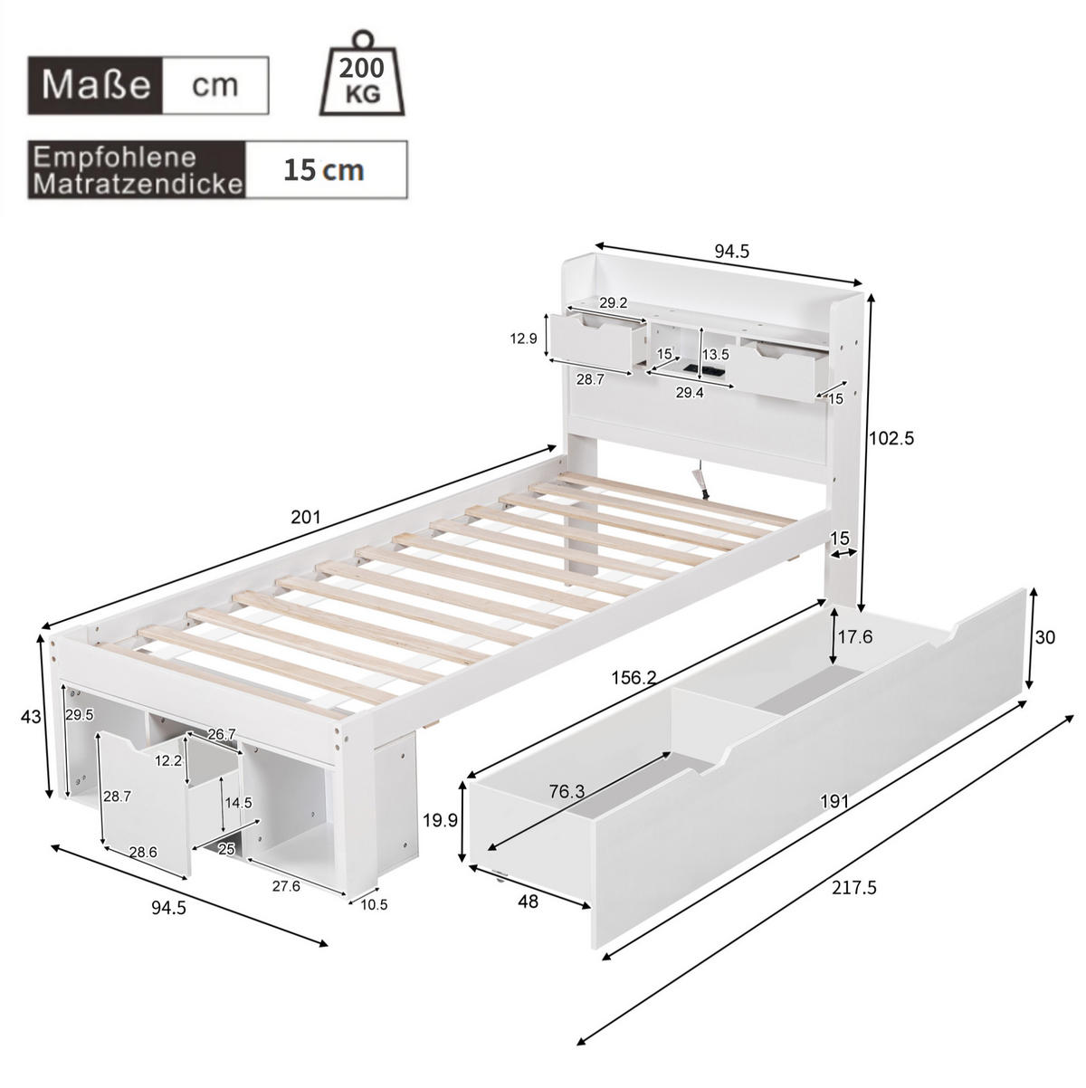 KINDERBETT 90/200 cm mit USB-Anschluss, Typ-C, Schubladen und Stauraum aus Kiefernholz, Weiß - Weiß, Holzwerkstoff (90/200cm) - Redom