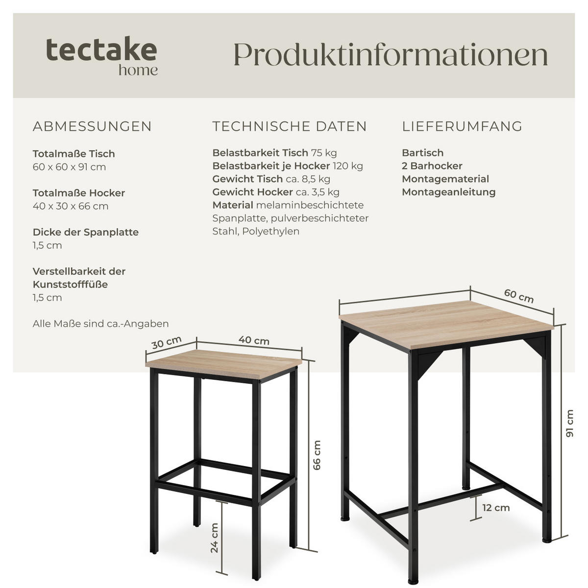 BARSET Inverness,mit höhenverstellbaren Kunststofffüßen,Industrial Holz hell, Eiche Sonoma - Naturfarben, Holzwerkstoff (60/91/120cm) - tectake