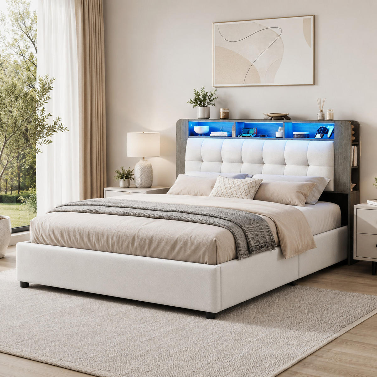 POLSTERBETT 140/200 cm mit Stauraum‑Kopfteil, RGB‑LED‑Beleuchtung & USB‑Anschluss, modernes Stoffbett - Beige, Holz/Metall (140/200cm) - Joyfair