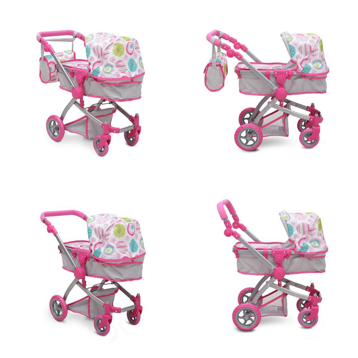 PUPPENWAGEN Rose 9651B Sonnendach, Tasche, verstellbarer Schiebegriff, Sportsitz, Polyester - Rosa, Metall (37/64/63.5cm) - Moni