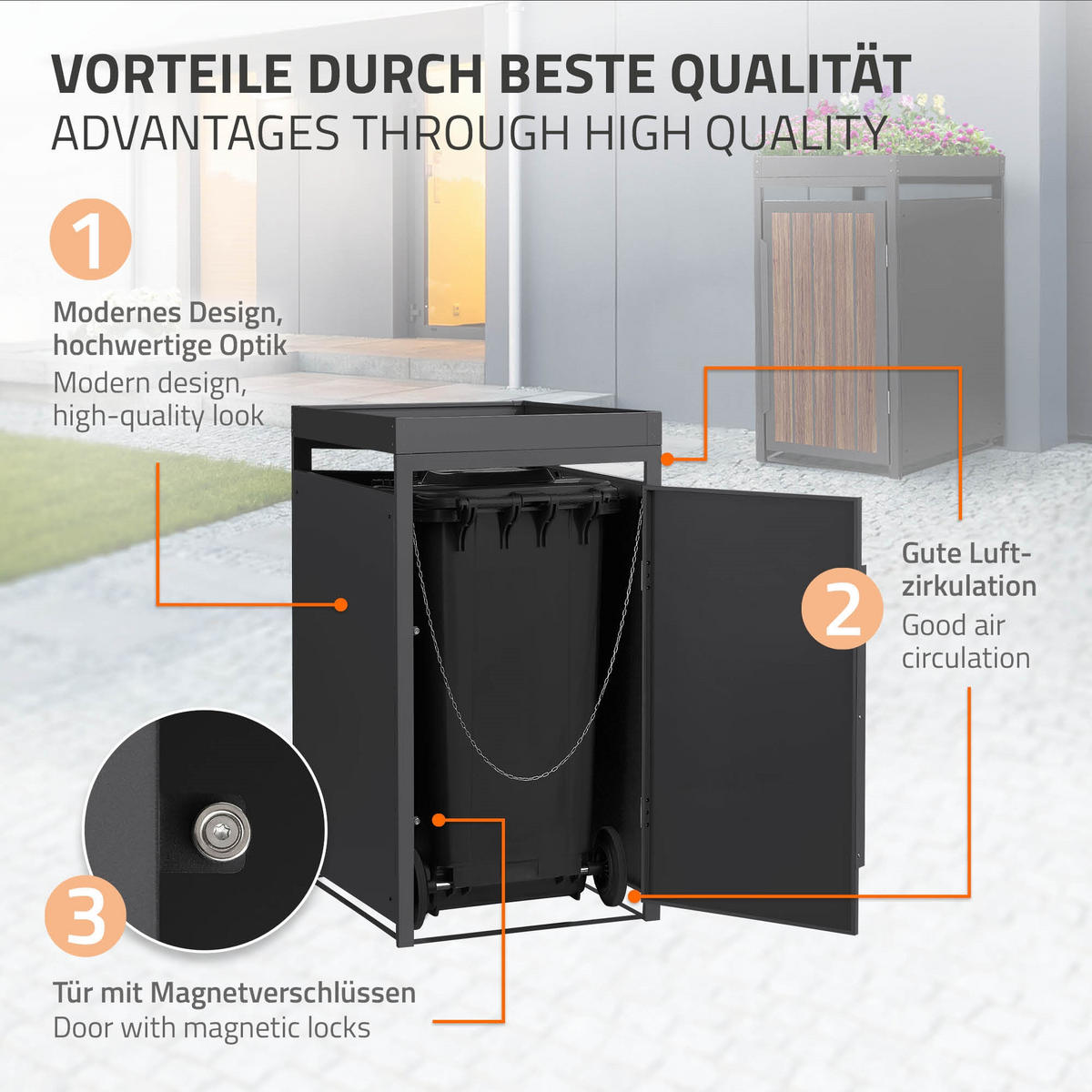 MÜLLTONNENBOX 1er mit Pflanzdach 240L Anthrazit-Eiche dunkel aus Stahl - Dunkelbraun, Metall (80/124/68cm) - ML-DESIGN