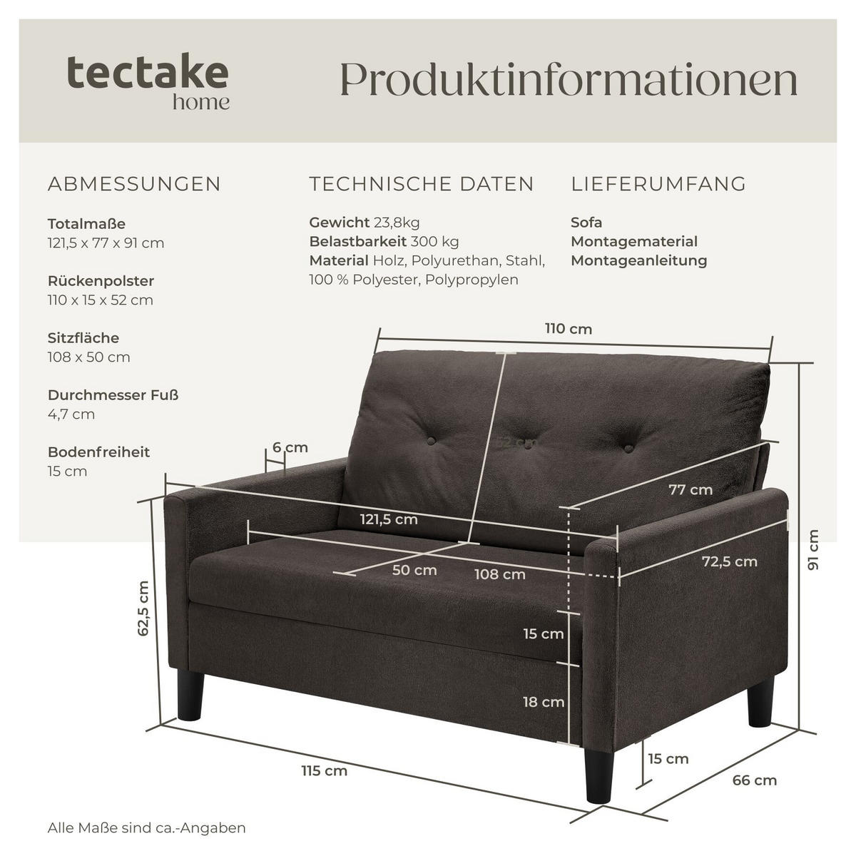 SOFA Viborg, 121,5 x 77 x 91 cm, grau - Braun/Grau, Kunststoff/Textil (121.5/91/77cm) - tectake