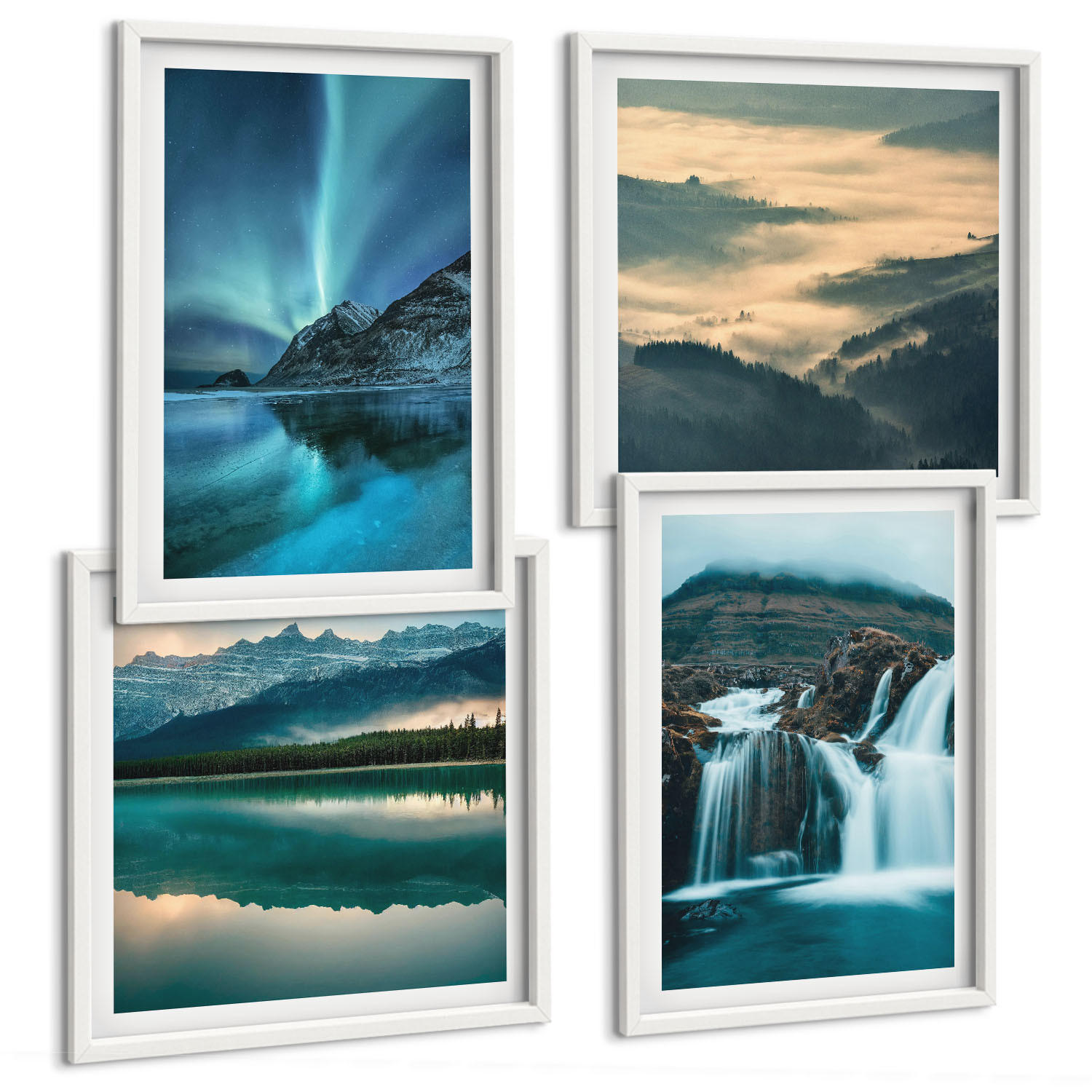 BILDER SET 4er Set - 50x50 cm & 40x60 cm Weißer Rahmen - Winterlandschaften, Wasserfälle, Nordlichter - Weiß, Kunststoff (50/50cm) - TULUP