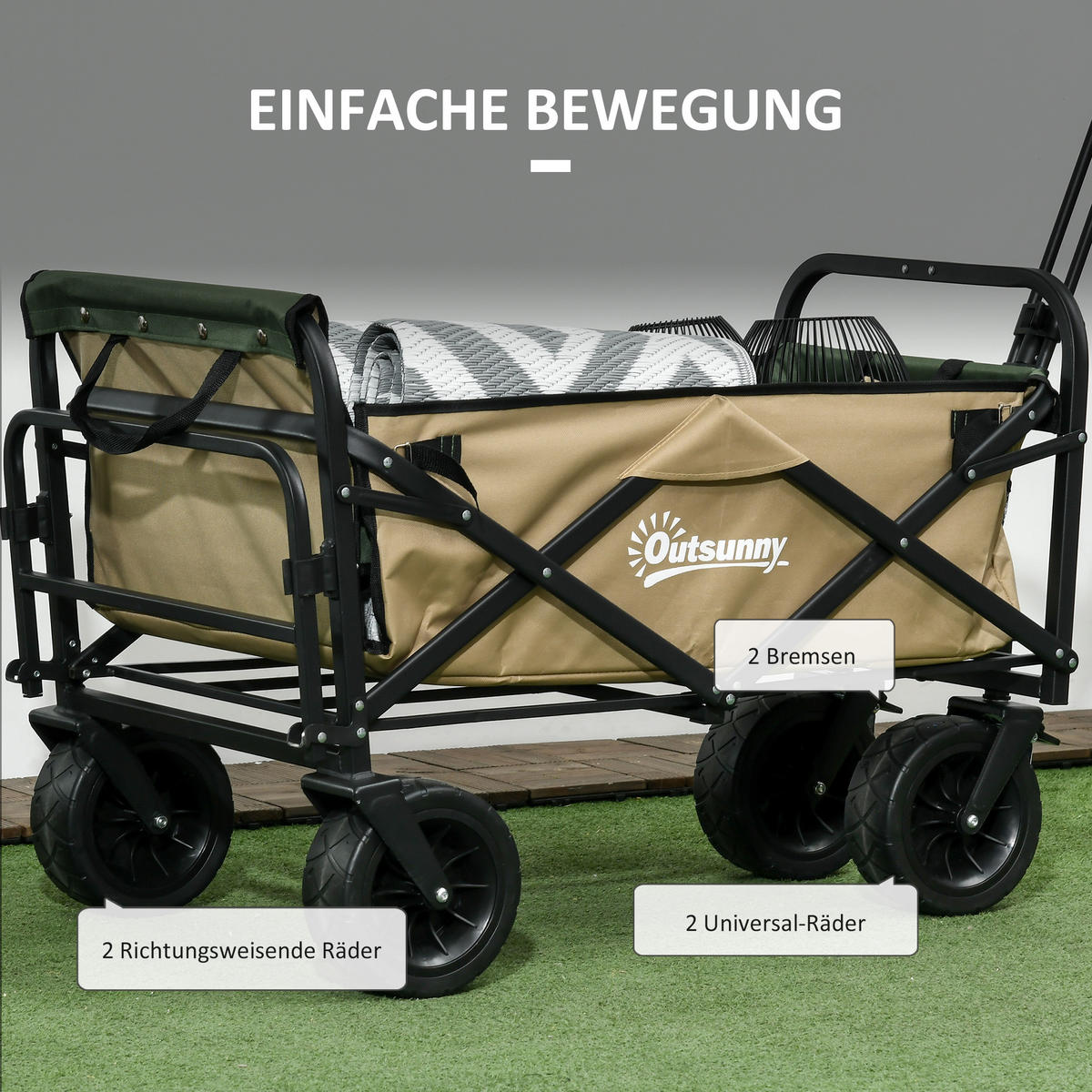 GARTENWAGEN DE-10347 faltbar 110 L, Teleskopgriff Khaki - Taupe, Metall (57/100/94cm) - ComfortXL