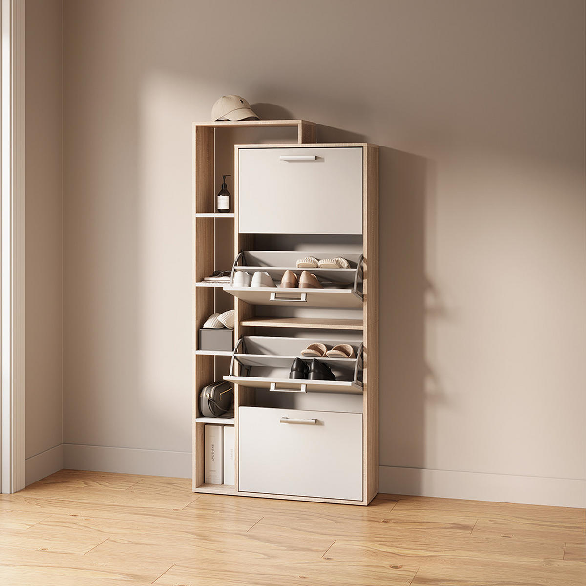 SCHUHKIPPER Ortello Weiß/Sonoma 80 x 166.1 cm mit 4 Fächern - Weiß/Sonoma Eiche, Holzwerkstoff (80/166.1/24.2cm) - Livinity®