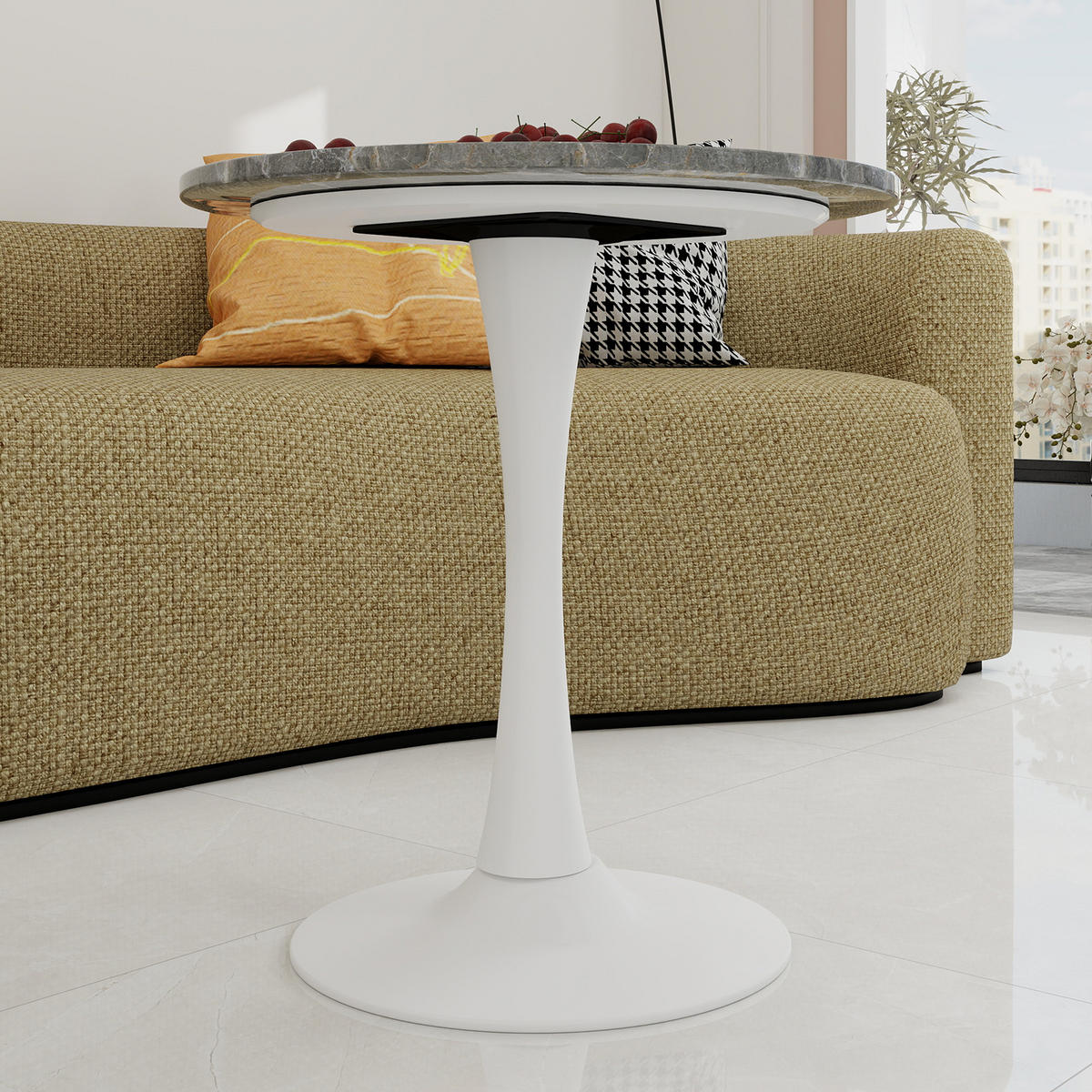 COUCHTISCH 70/70/72 cm Antique White Grau aus Kunstmarmor mit runder Tischplatte - Weiß, Stein (70/70/72cm) - OKWISH