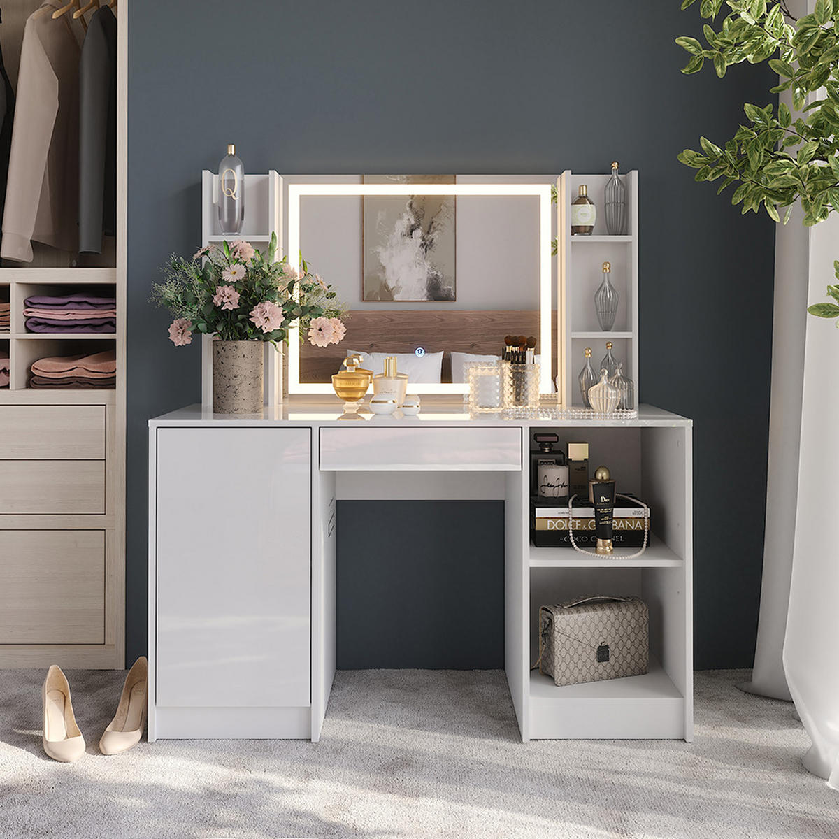 SCHMINKTISCH Sherry Weiß/Weiß Hochglanz 128.2 cm 4 Teile - Weiß Hochglanz, Holzwerkstoff (128.2/76/50.1cm) - Vicco