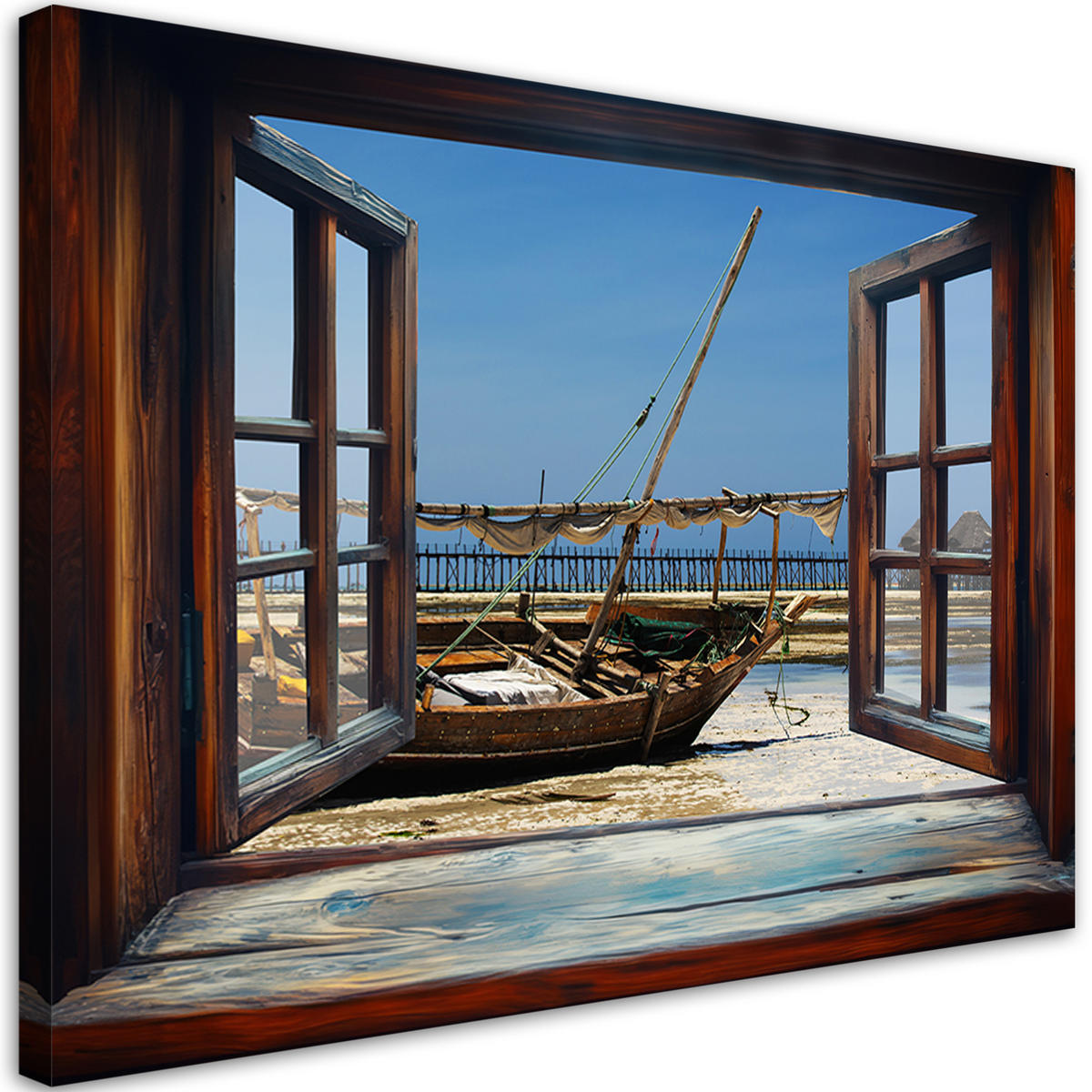 WANDBILD blick aus einem fenster meer natur - Braun, Textil (60/40cm) - Feeby