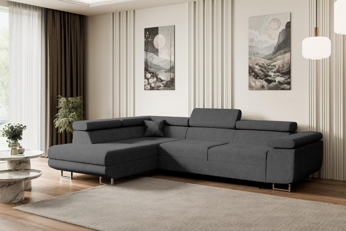 ECKSOFA mit Schlaffunktion und Bettkasten GUSA-L 272x202x107 cm Grau Bouclé - Silberfarben/Grau, Holzwerkstoff/Textil (202/272cm) - ALTDECOR