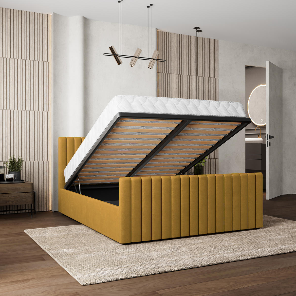 POLSTERBETT CANOVA 140x200 cm mit Bettkästen - Gelb - Gelb, Holz (140/200cm) - MASSENO