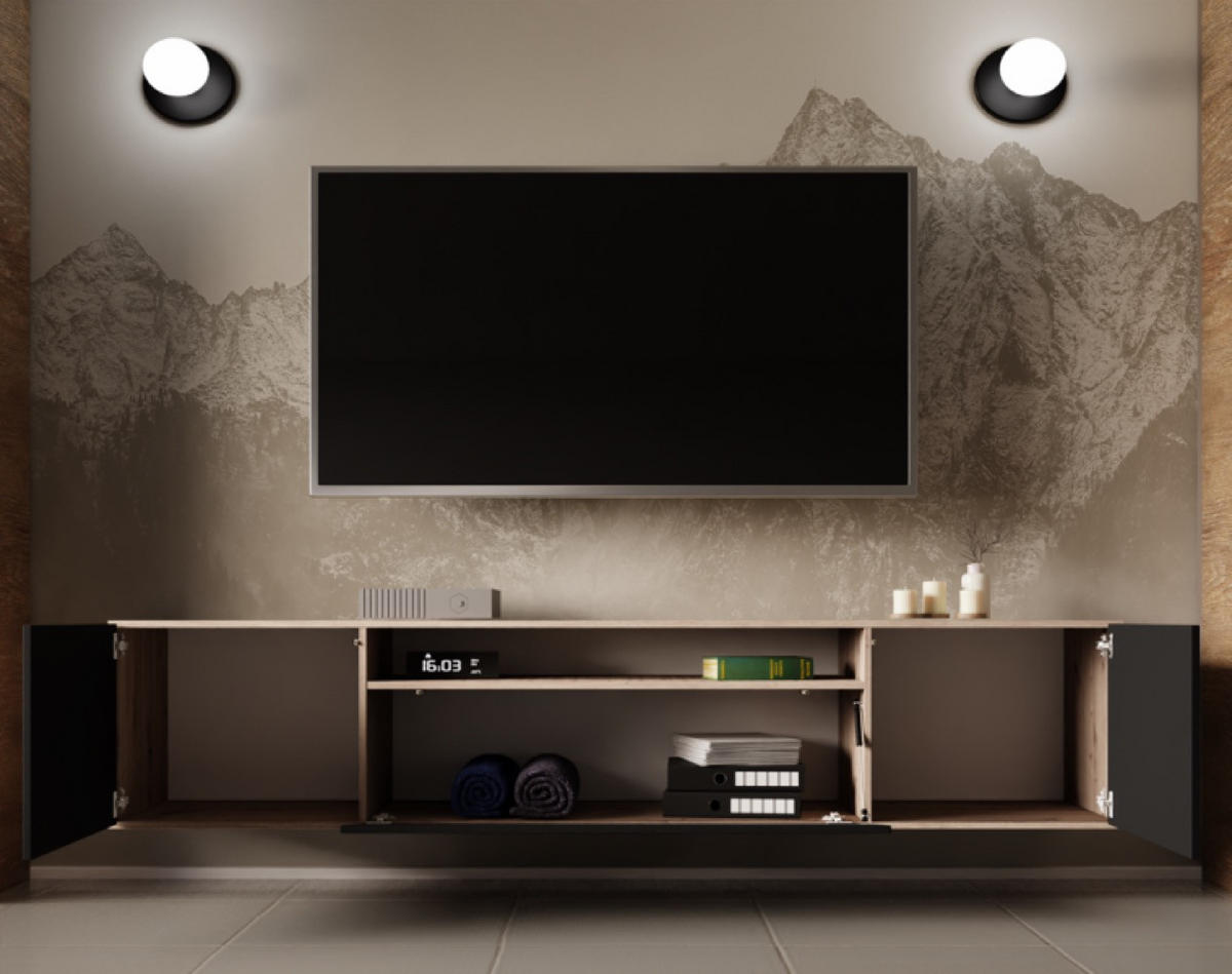 TV-SCHRANK Schwarz Lion Hängend 200 cm - Schwarz/Eiche Artisan, Holzwerkstoff (200/40/41cm) - Sepro Meble