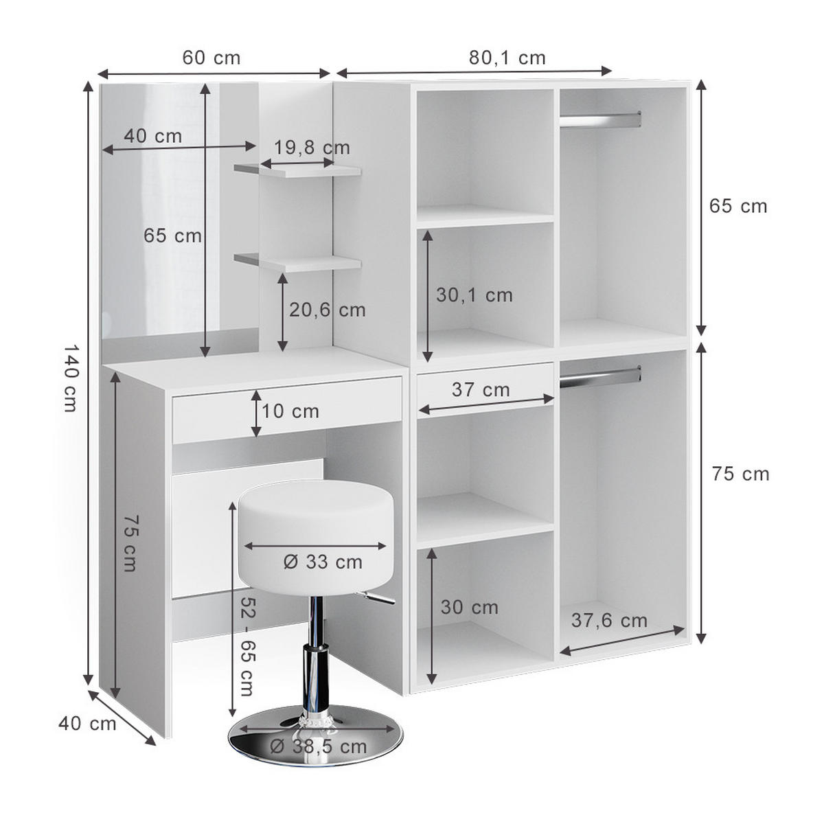 SCHMINKTISCH Isabelle Weiß 60 cm mit Hocker und Schrank - Weiß, Holzwerkstoff (60/140/40cm) - Vicco