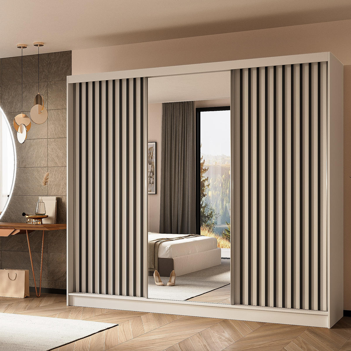 SCHWEBETÜRENSCHRANK LAMELLO 240/216/61 cm 3-türig mit Spiegel Weiß - Weiß, Holzwerkstoff (240/216/61cm) - MASSENO