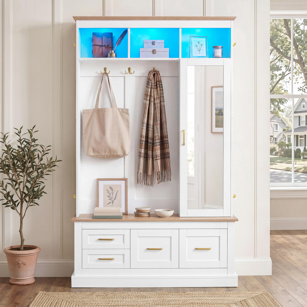GARDEROBE Flur Set Spiegel Sitzbank Schuhschrank Haken 80cm Weiß - Weiß, Holzwerkstoff (110/180/32cm) - FLIEKS