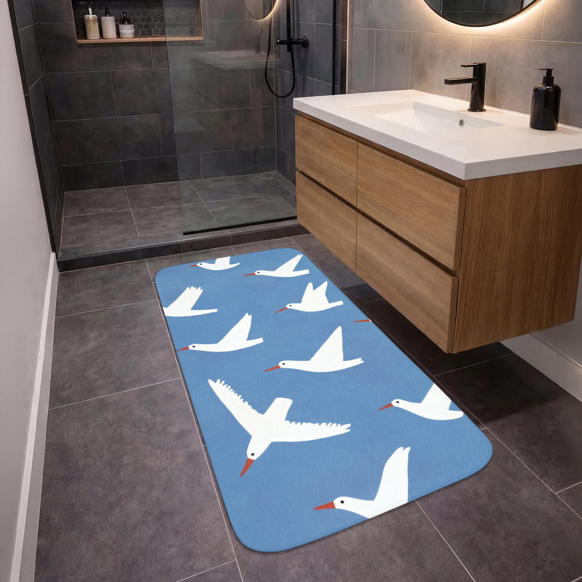 BADEMATTE Vögel - Weiß - Muster 60x120 cm - Blau, Kunststoff/Textil (60/120cm)