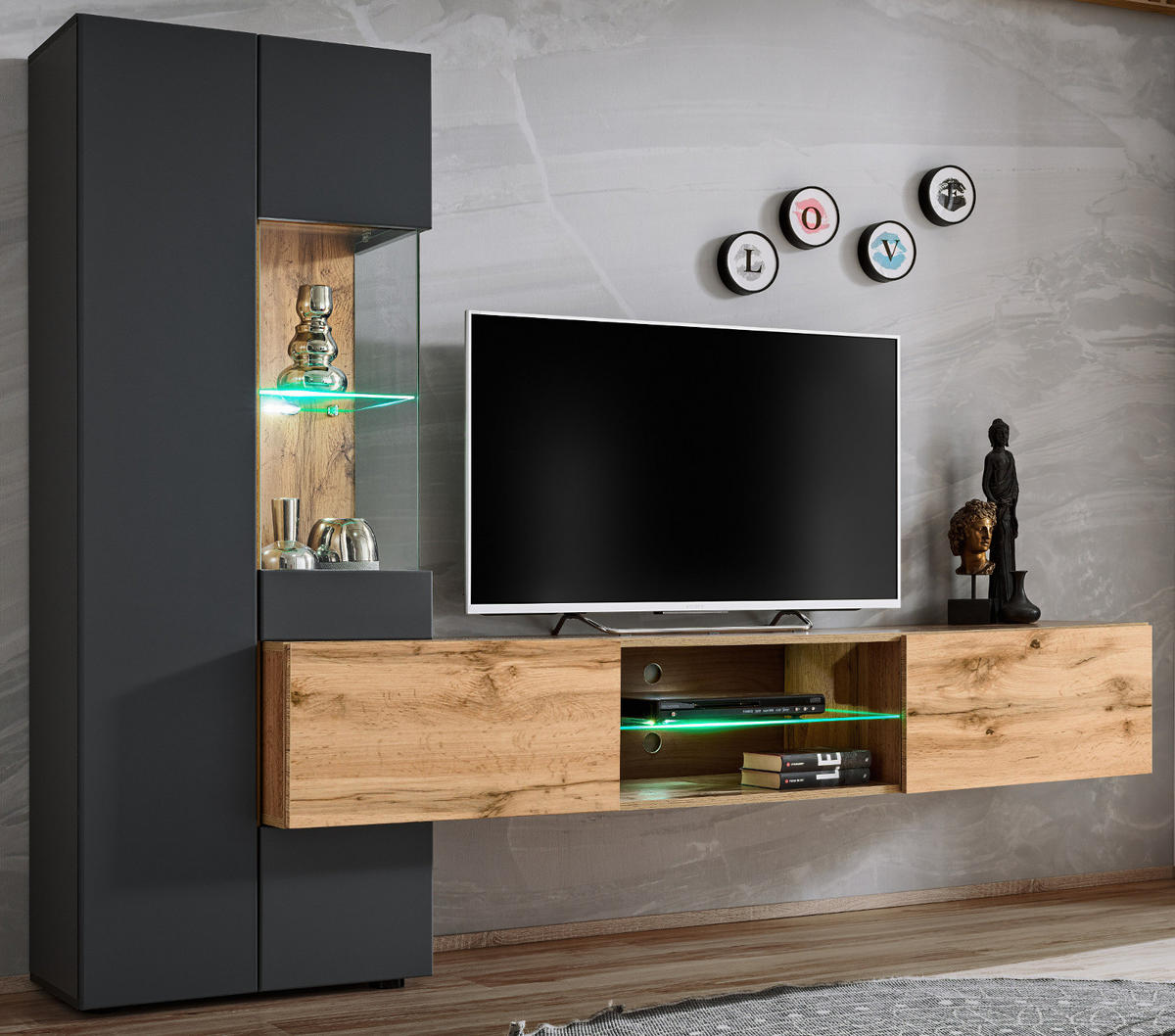 WOHNWAND anthrazit, Eiche Wotan 2-teilig 210 cm hängend, Komplettset mit LED und Push-to-Open - Anthrazit/Eiche Wotan, Glas/Holzwerkstoff (210/160/40cm) - Furn.Design
