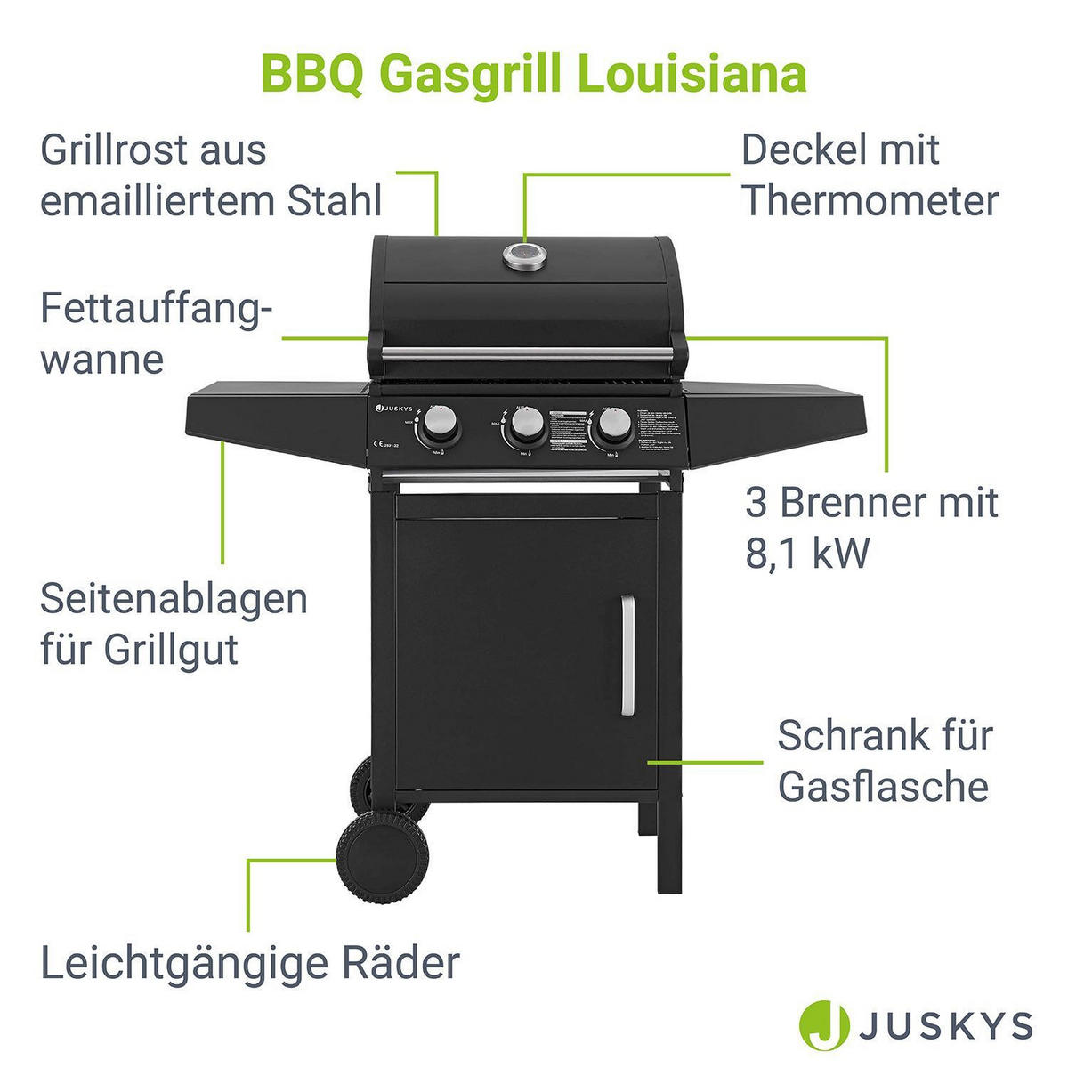 GASGRILL Louisiana schwarz - Schwarz, Metall (110/132/53cm) - Juskys