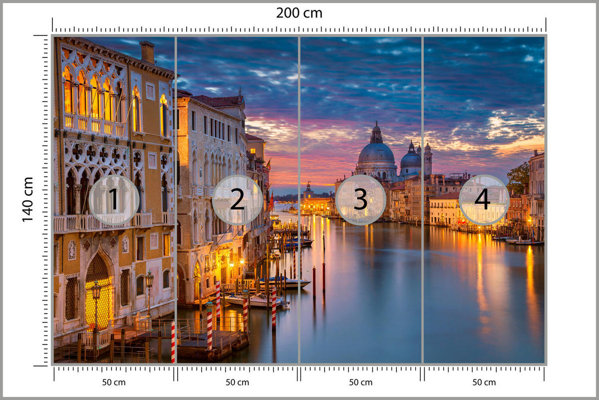 FOTOTAPETE für Wohnzimmer Venedig Nacht Panorama Historisch 200x140 - Violett/Rosa, Papier (200/140cm) - Muralo