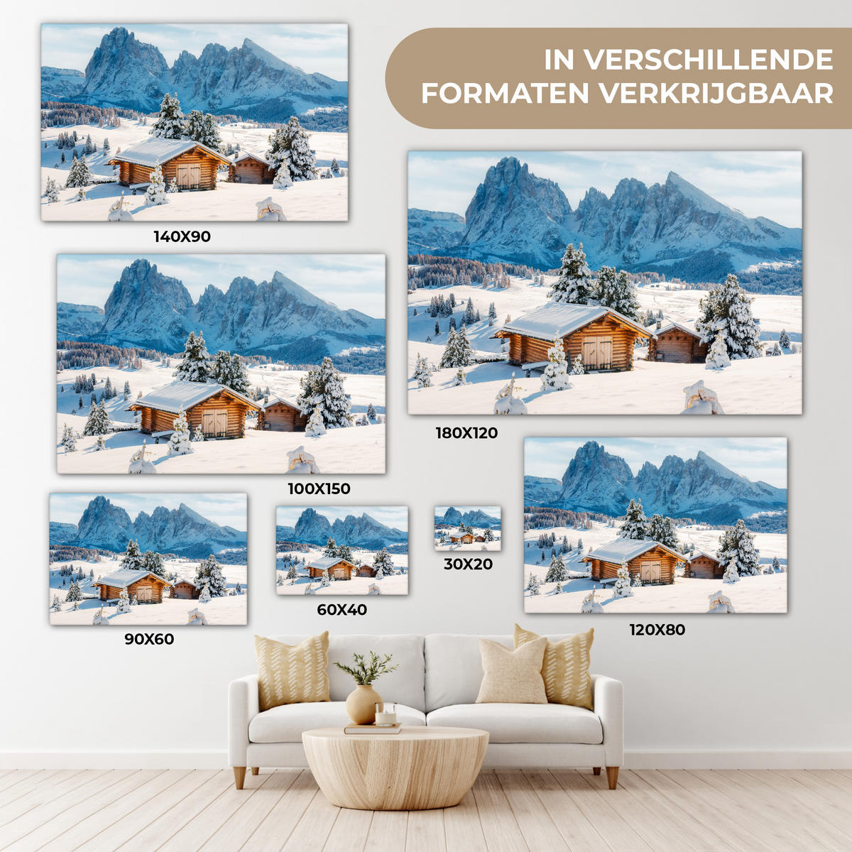 LEINWANDBILD Winter - Hütte - Berge - Aussicht - Schnee Wohnzimmer Groß 120x80 cm - Eichefarben, Textil (120/80cm) - MuchoWow