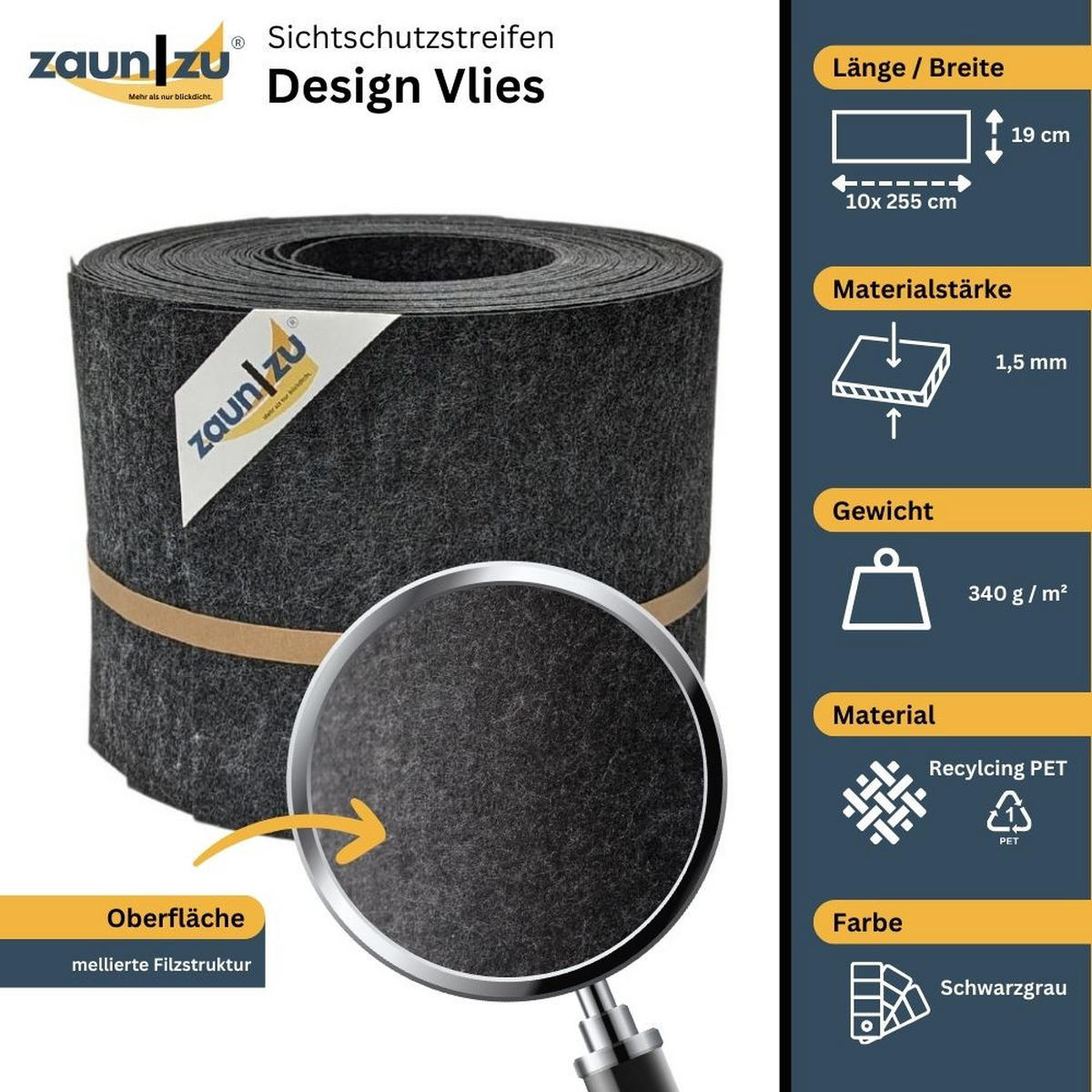 SICHTSCHUTZSTREIFEN Design Vlies für Doppelstabmatten Schwarzgrau 10x 2,55m - Schwarz, Kunststoff (255/19cm) - ZAUN|ZU