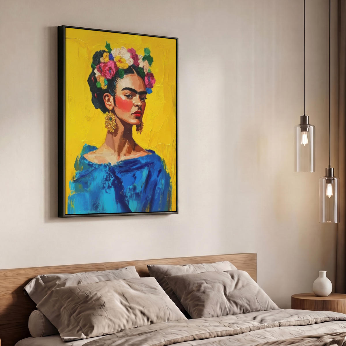 LEINWAND Bilder mit Rahmen - Frida Kahlo - Frau - Gelb - Blau - Blumen - 70x100 - Gelb, Textil (70/100cm) - MuchoWow