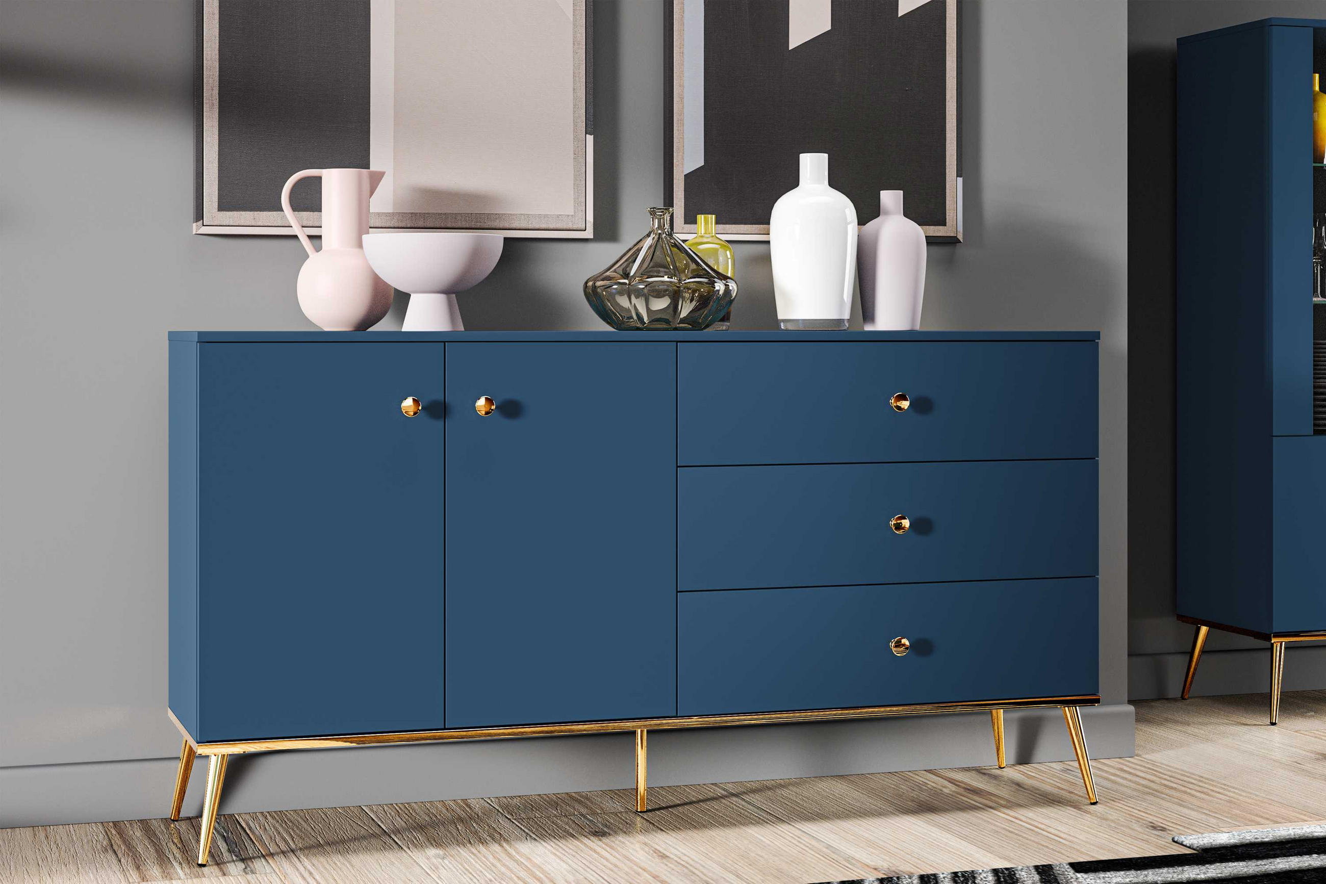KOMBIKOMMODE ARICIA viel Stauraum, Marineblau - Blau, Holz (160/85/40cm) - KONSIMO®