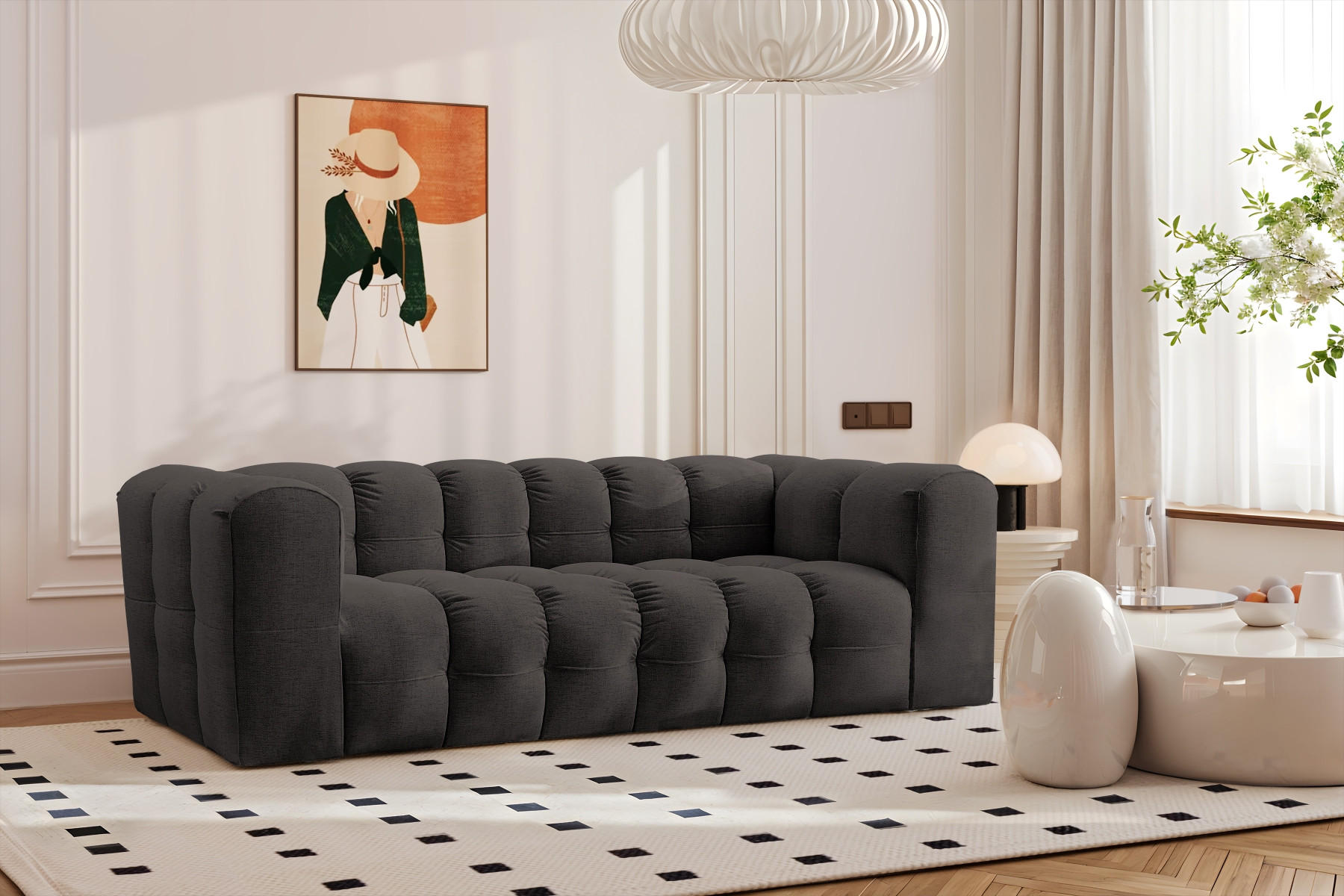 SOFA 3-Sitzer, Komfort, BALOO, Stoff Schenille, Schwarz - Schwarz, Holz (222/75/106cm) - Kaiser Möbel