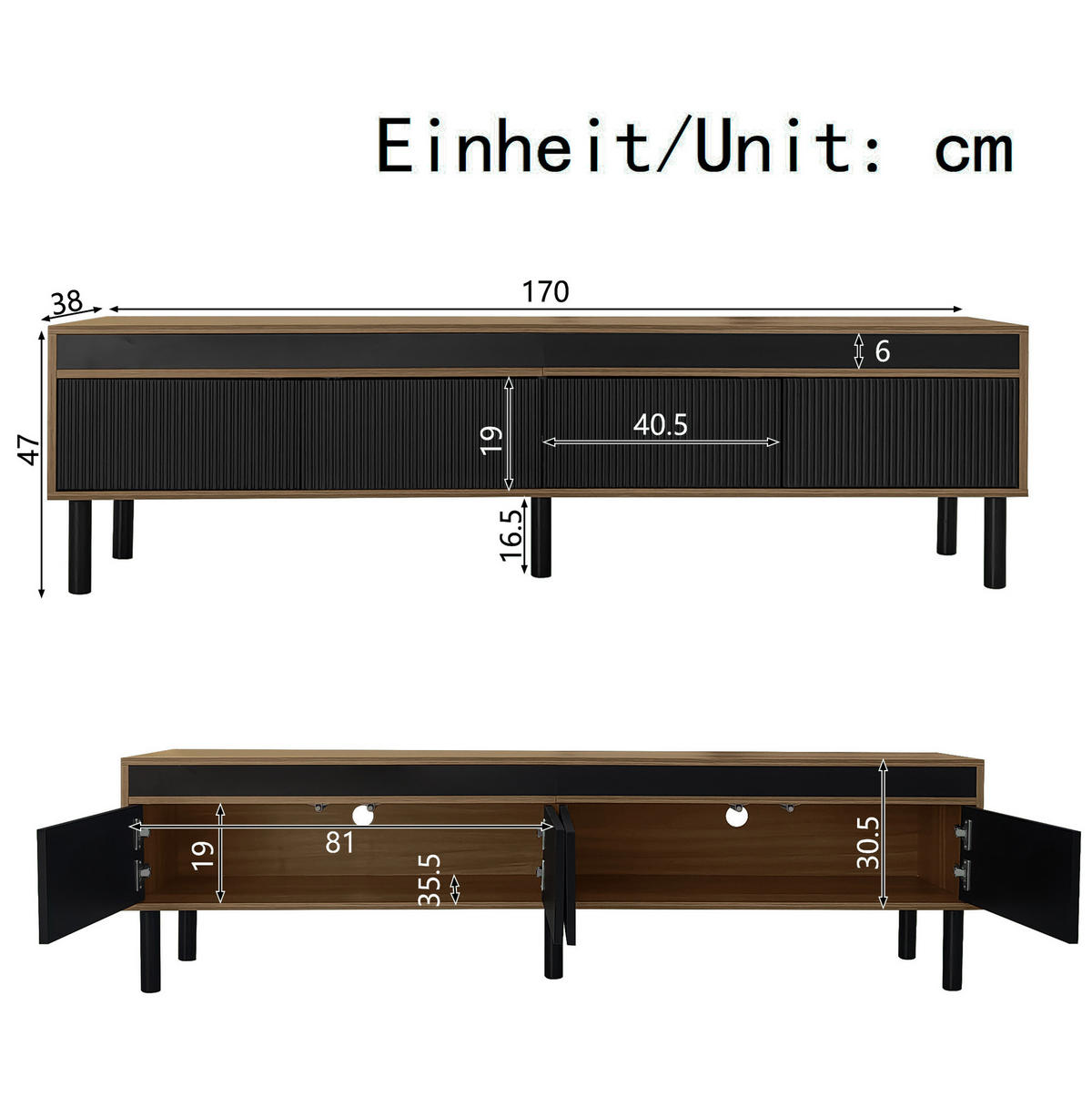 LOWBOARD 170/38/47.7 cm Schwarz/Natur aus Spanplatte mit 4 Türen - Schwarz, Holzwerkstoff (38/47/170cm) - OKMYHOME