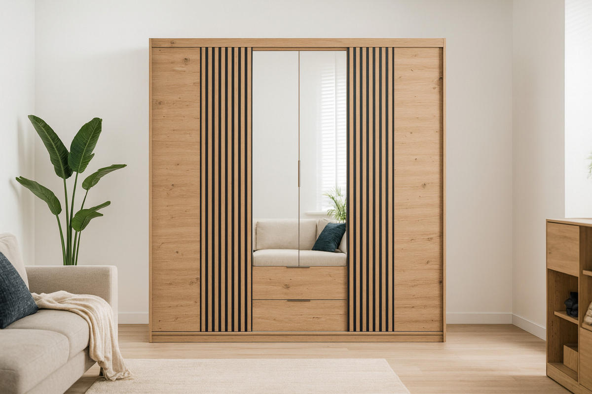 DREHTÜRENSCHRANK MAROKO 250/213/60 cm in Artisan Eiche mit Lamellen - Eiche Artisan, Holzwerkstoff (250/60/213cm) - Deine Möbel 24