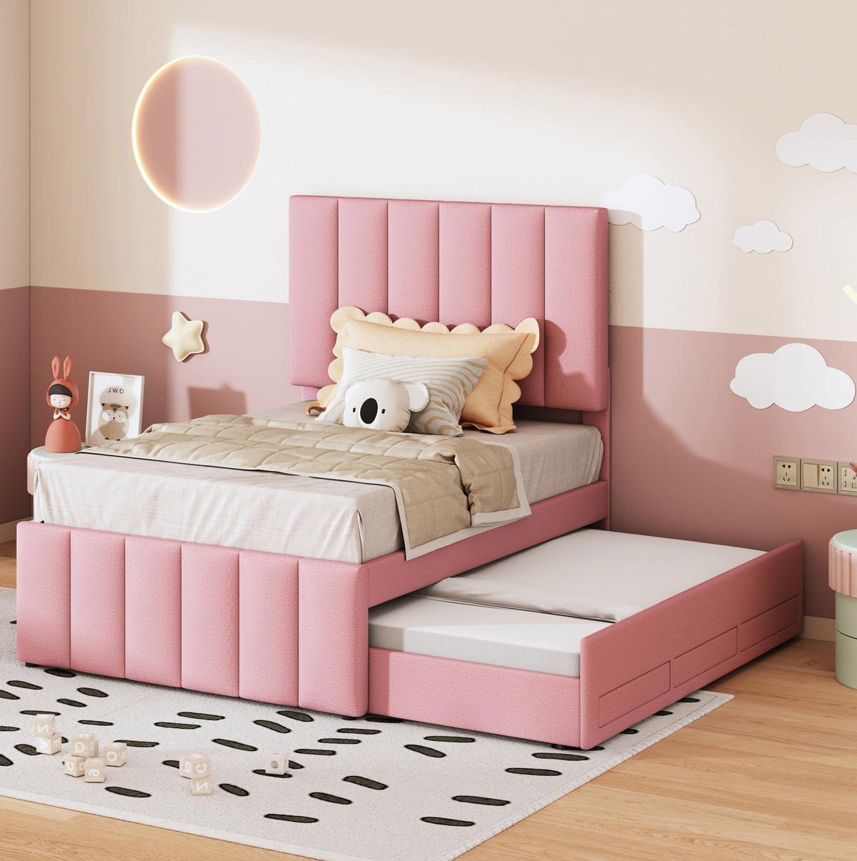 POLSTERBETT 90/200 cm Rosa aus Leinen mit Rollbett und Schubladen - Pink, Textil (90/200cm) - OKMYHOME