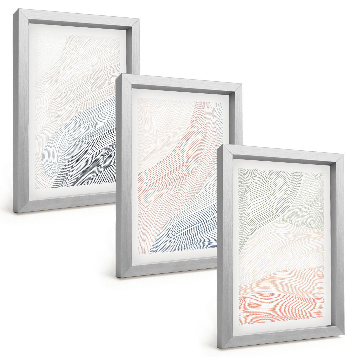 BILDER SET 3er Set - 20x30 cm Silberner Rahmen - Abstrakte Wellen, Karton, Pastell - Silberfarben, Kunststoff (20/30cm) - TULUP