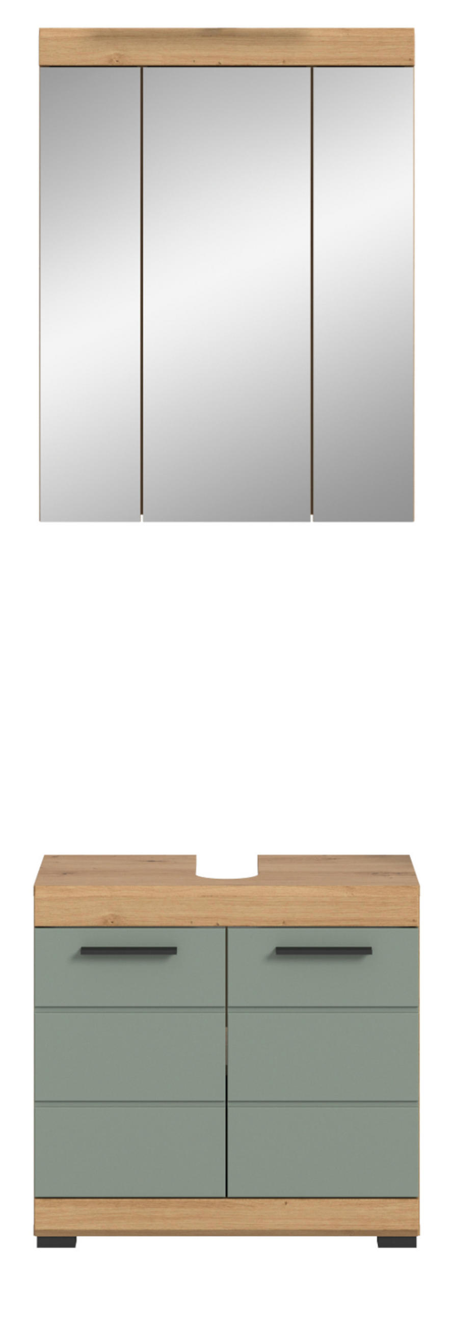 BADMÖBEL-SET Salbei grün, Eiche Artisan 2-teilig 60 cm, Kombination mit Spiegel - Salbeigrün/Schwarz, Glas/Holzwerkstoff (60/191/34cm) - Inn.Furn