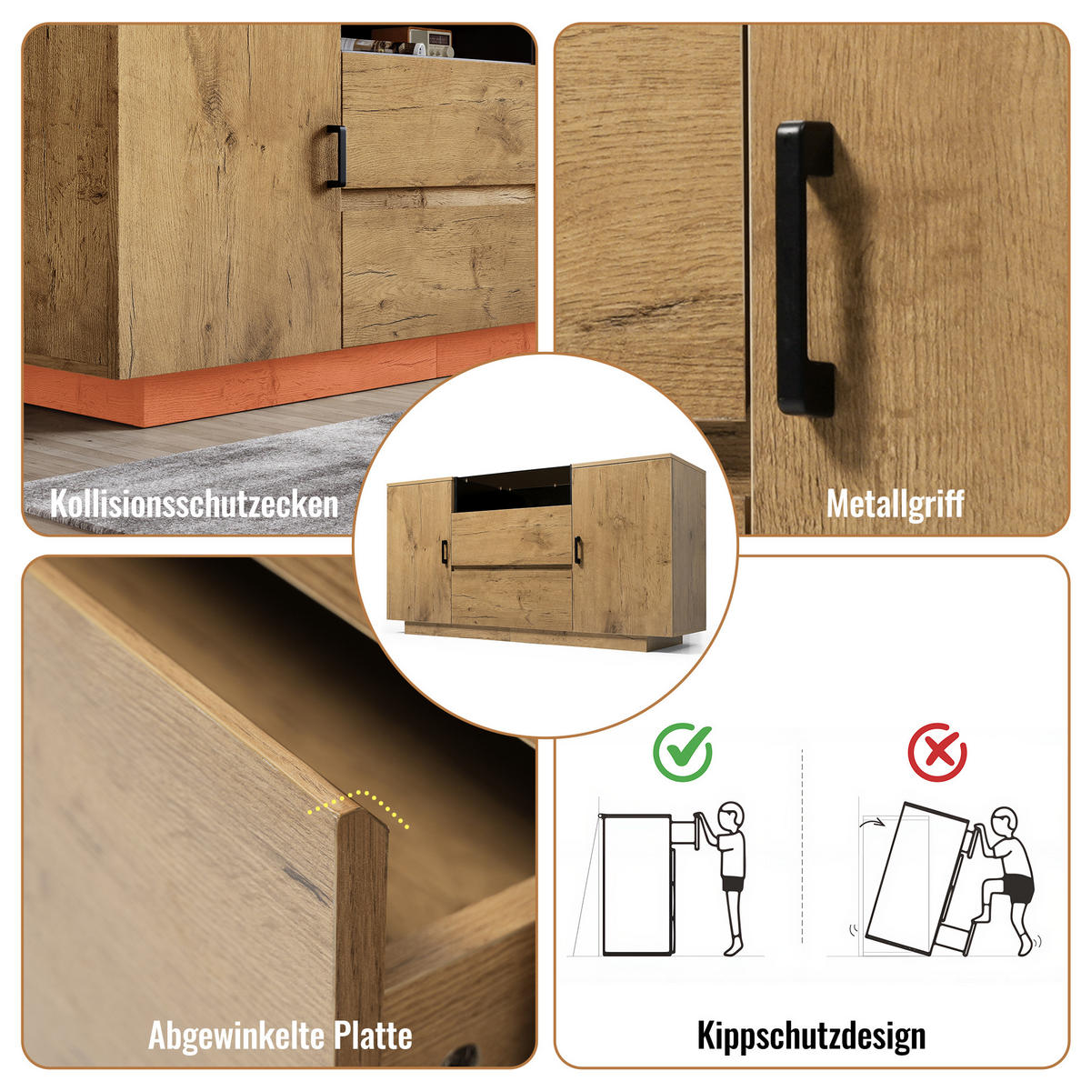 SIDEBOARD in Eichenoptik mit Glasfront mit 2 Schubladen, 2 Türen & offenem Fach - Eichefarben, Holzwerkstoff (140/70/40cm) - Urban Meuble