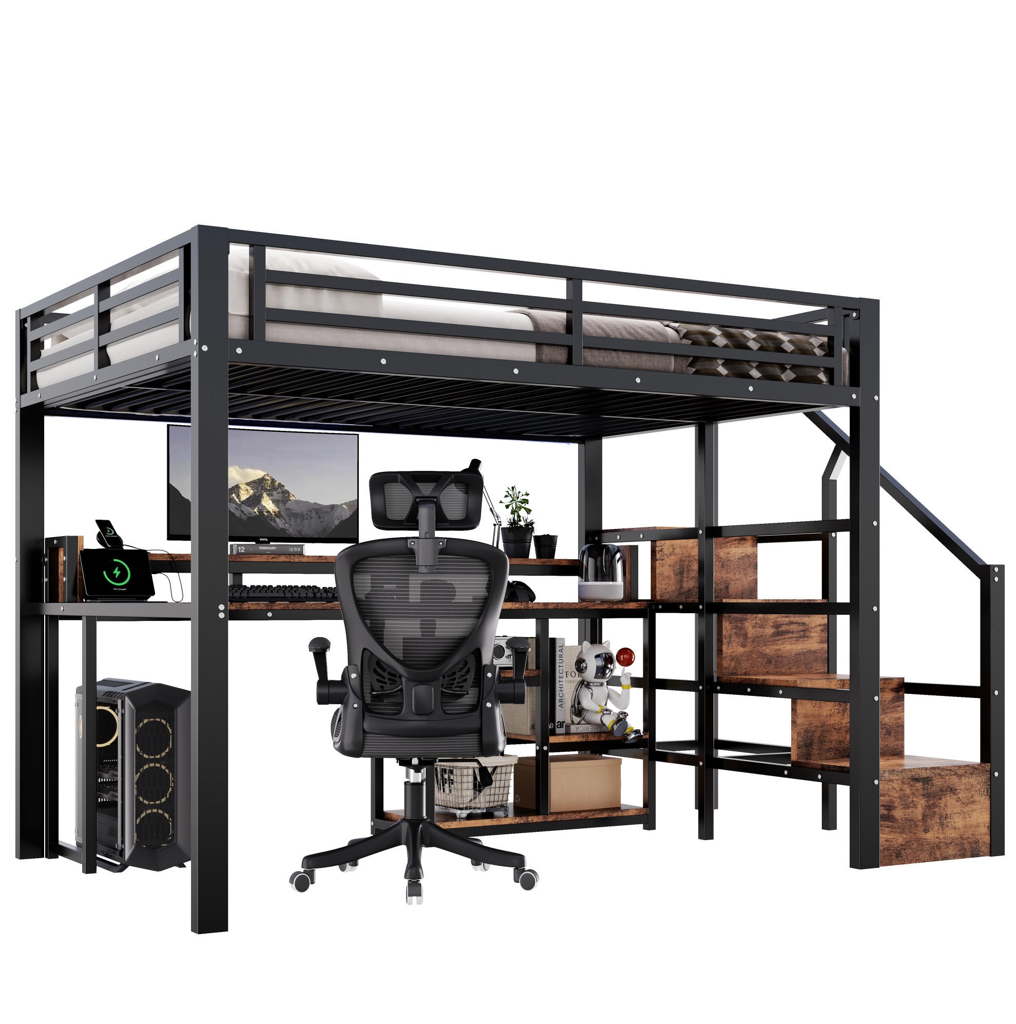 HOCHBETT Metall & MDF 140x200 cm Schwarz mit Leiterschrank, Ablagefach, LED-Lichtleiste & USB/Typ-C - Schwarz, Holzwerkstoff (140/200cm) - Modfu