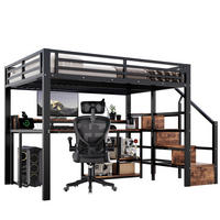 HOCHBETT Metall & MDF 140x200 cm Schwarz mit Leiterschrank, Ablagefach, LED-Lichtleiste & USB/Typ-C - Schwarz, Holzwerkstoff (140/200cm) - Modfu