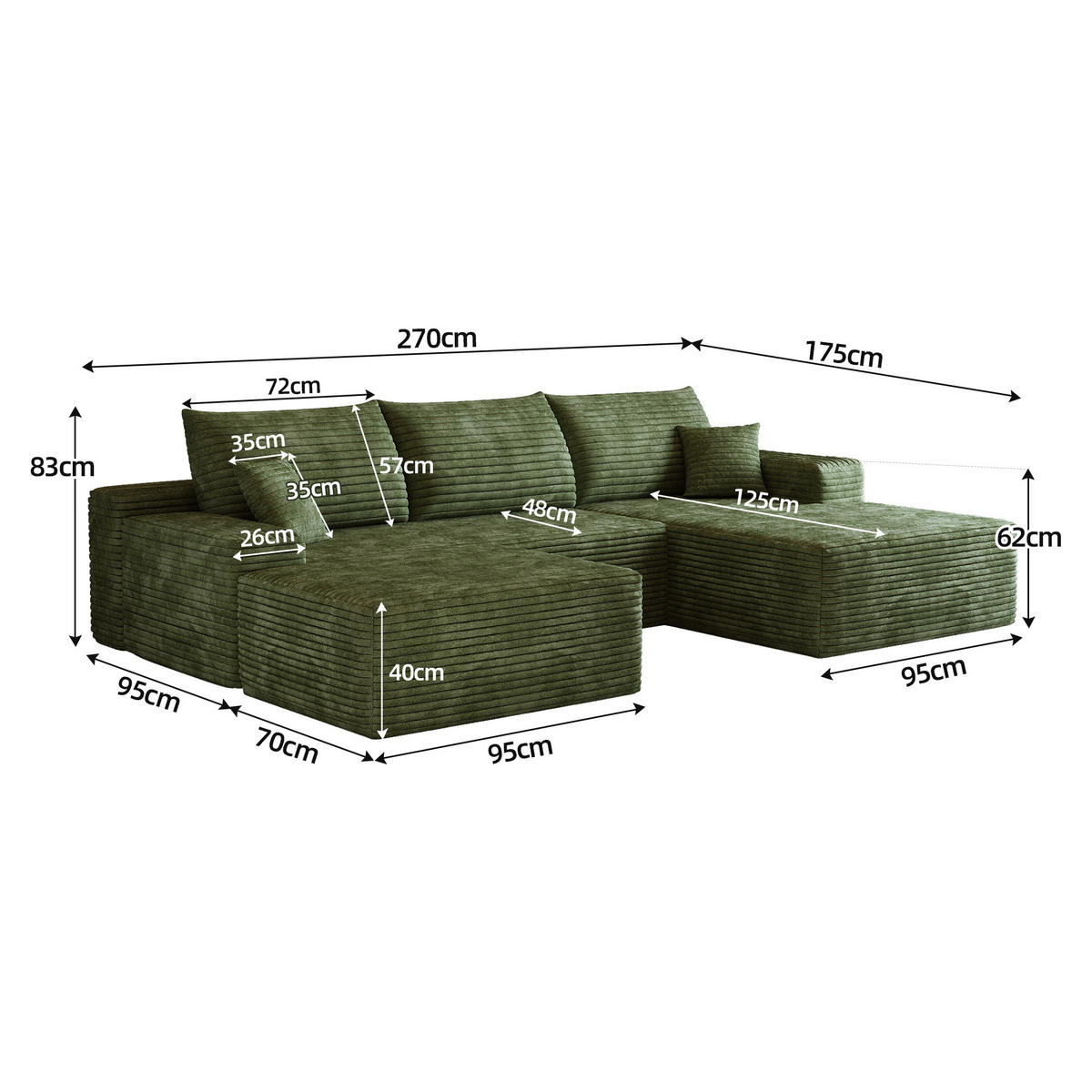 WOHNLANDSCHAFT DE-34857 U-Form 2-Sitzer Chaiselongue rechts Grün - Grün, Textil (175/83/270cm) - ComfortXL