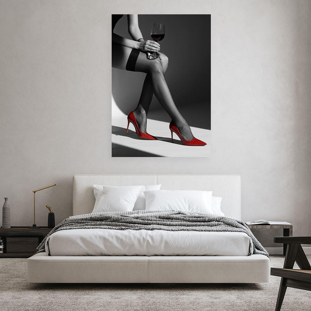 LEINWANDBILD Elegante Frau mit Weinglas in High Heels 40x60cm - Schwarz, Textil (40/60cm) - Feeby